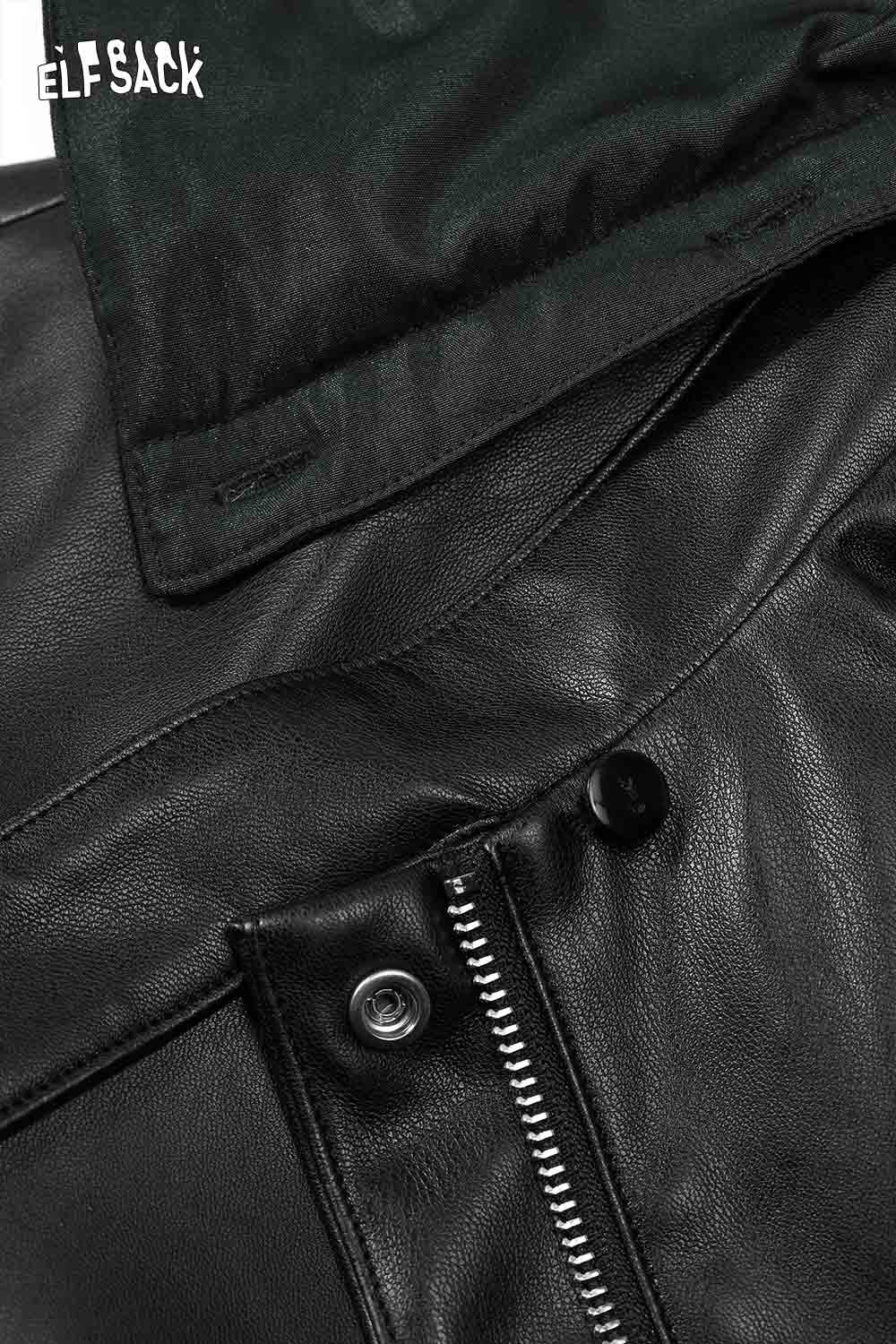 Close-up of ELFSACK women's leather hooded coat featuring a zippered front and soft interior lining