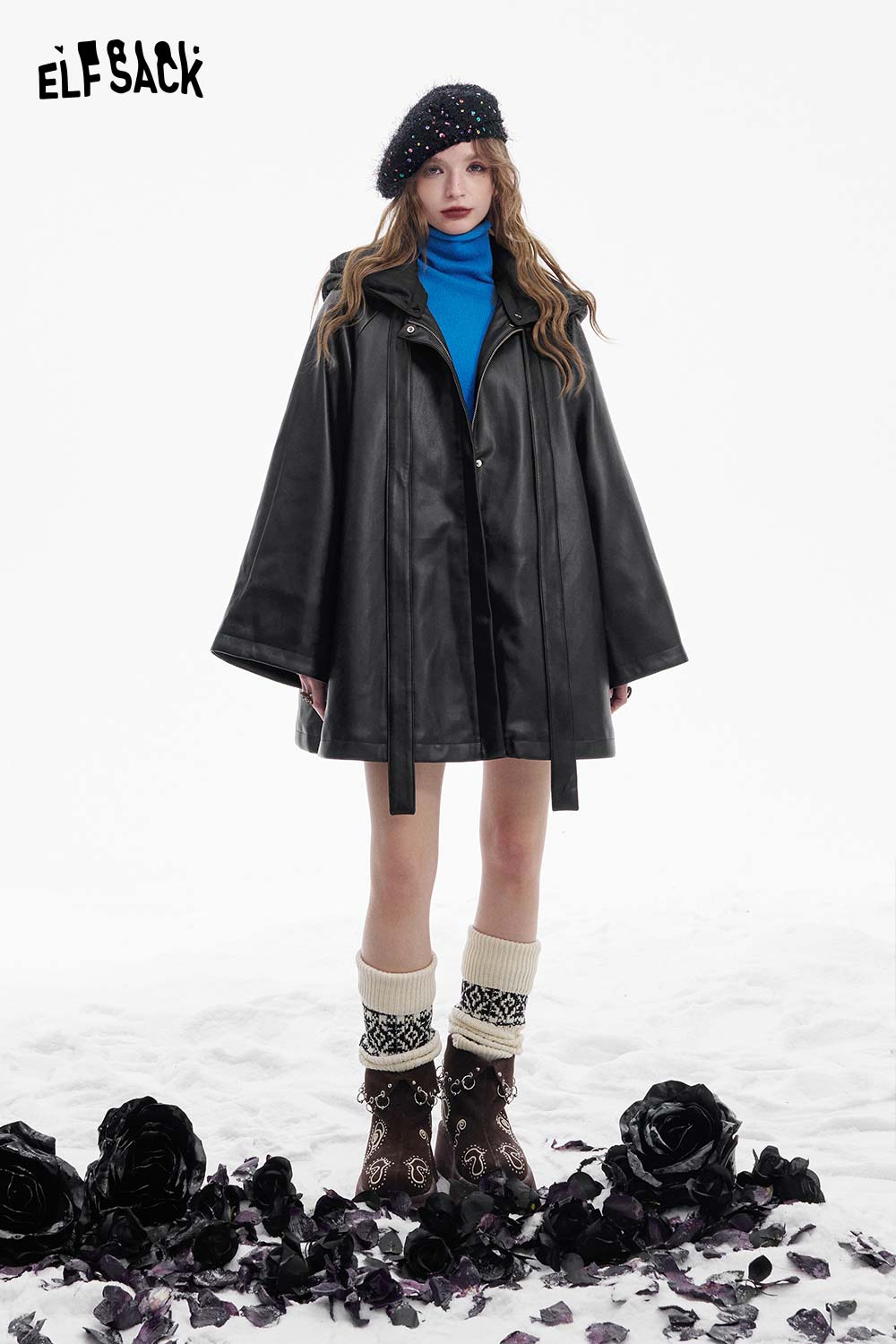 ELFSACK women's leather hooded coat in black with a stylish silhouette and oversized design