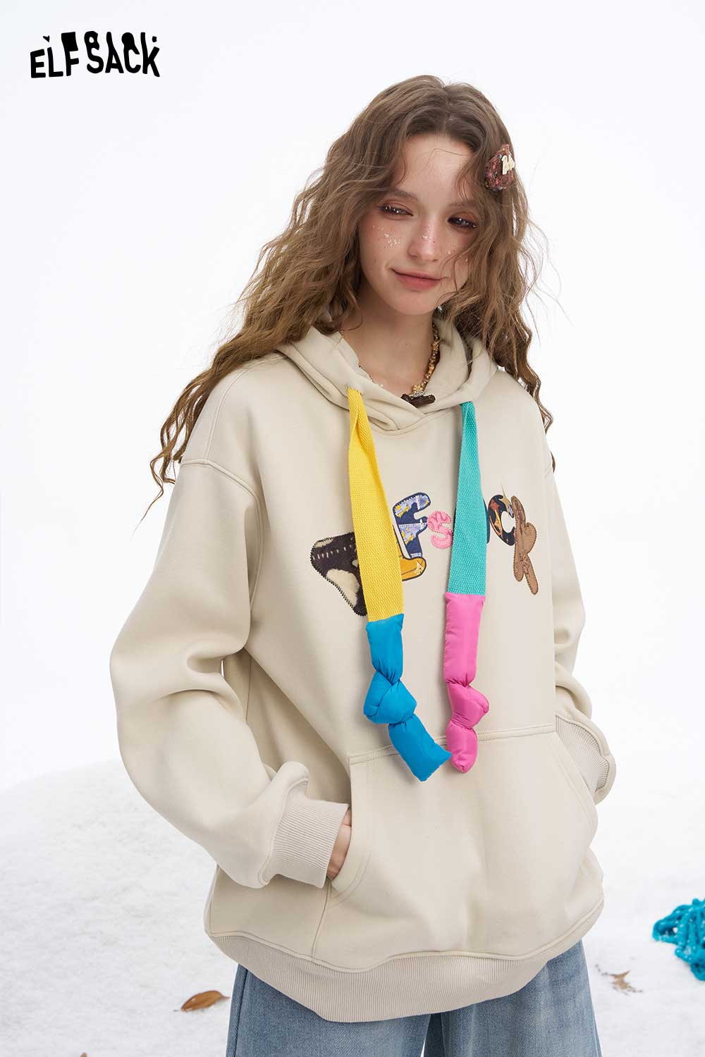 ELFSACK women's letter graphic hoodie featuring playful colors and fun designs for a casual look