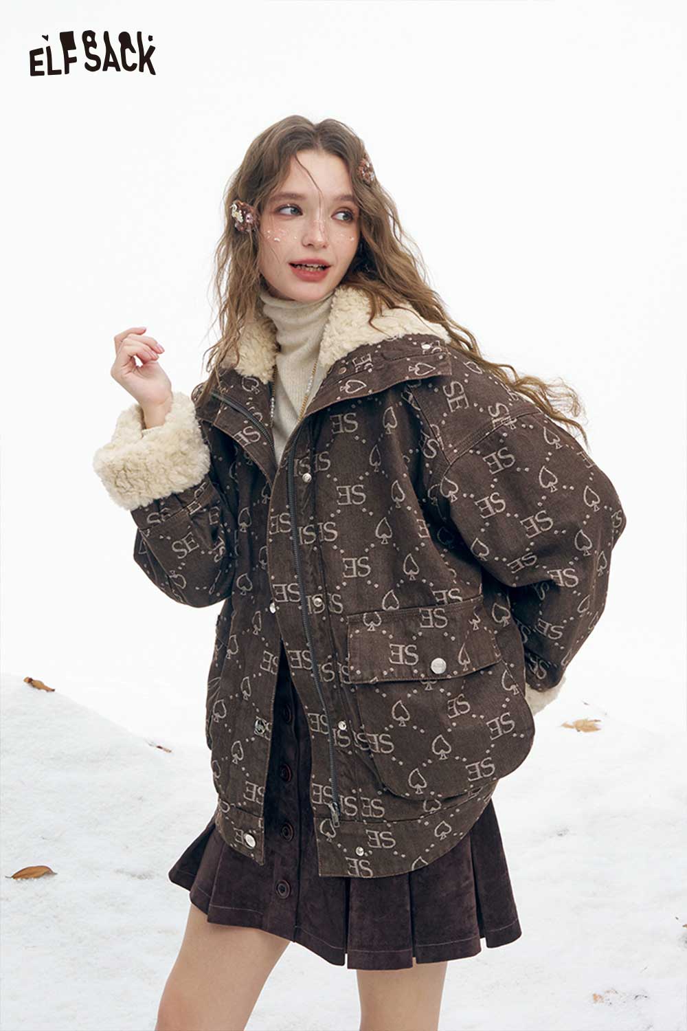 ELFSACK women's letter graphic plush coat featuring a cozy design and warm materials for stylish winter wear