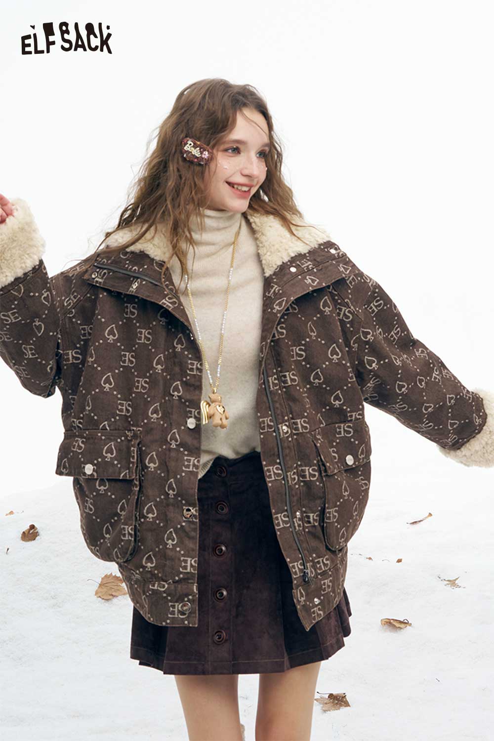 ELFSACK women's letter graphic plush coat with a stylish design and cozy fabric for winter wear