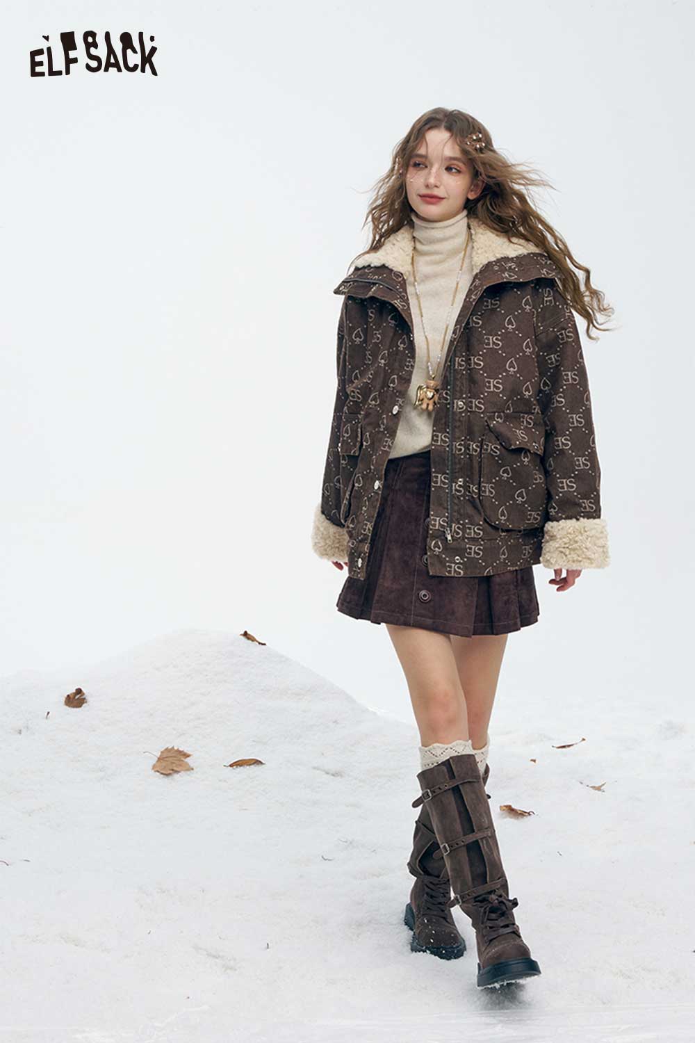 ELFSACK women's letter graphic plush coat in brown with a cozy design, ideal for winter style.