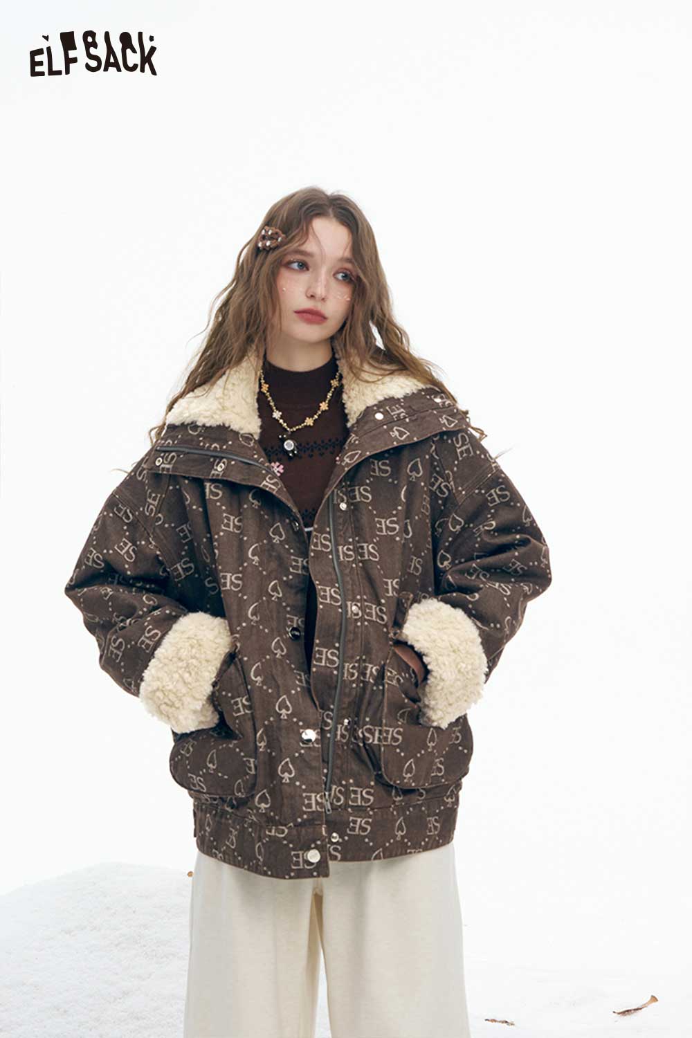 ELFSACK women's letter graphic plush coat in brown with cozy sherpa lining and oversized fit