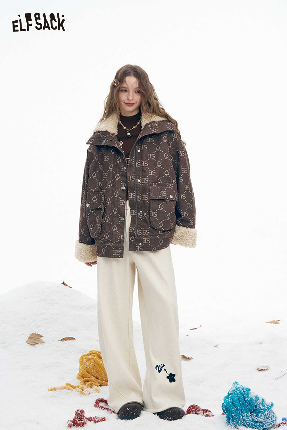 ELFSACK women's letter graphic plush coat featuring a stylish design with a cozy fit for winter wear