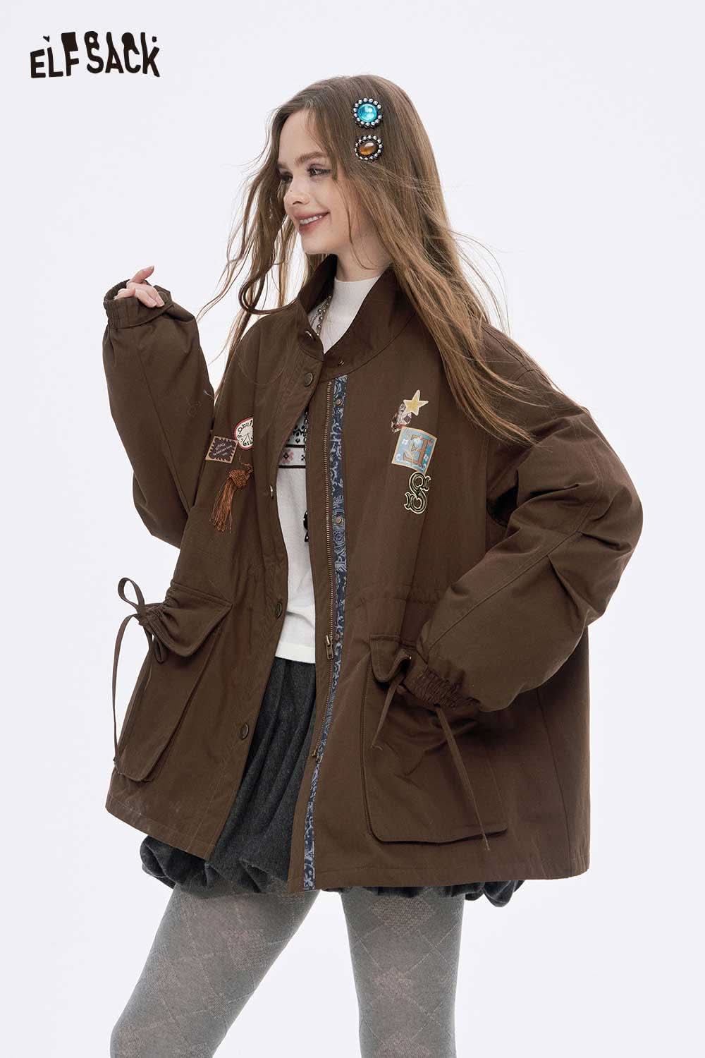 ELFSACK women's letter star embroidery jacket in brown with unique patches and relaxed fit
