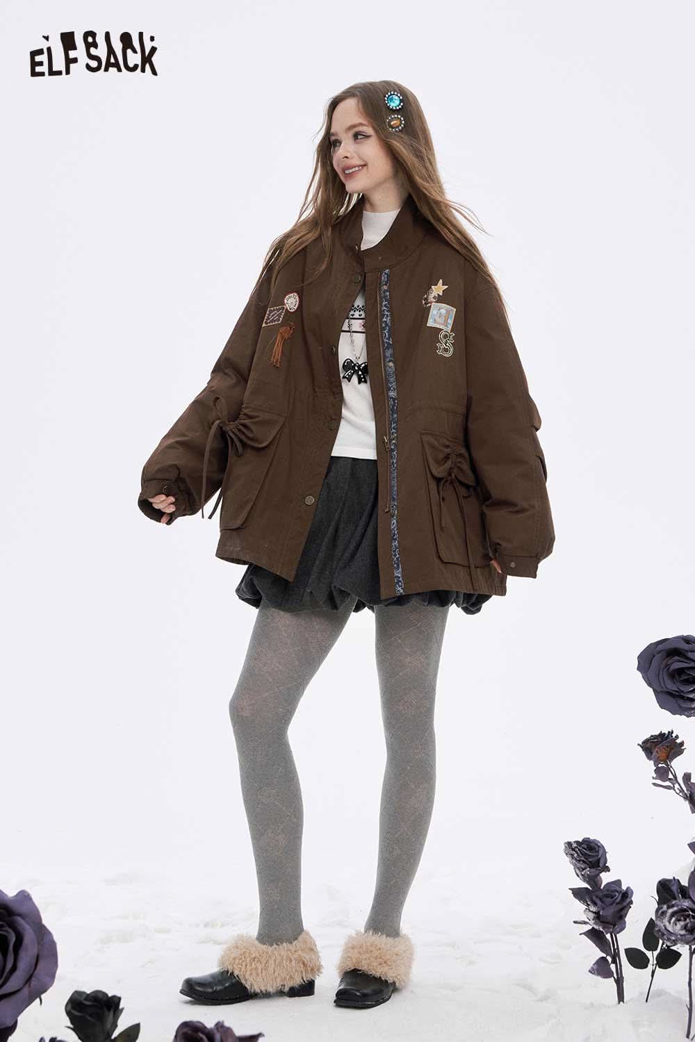 ELFSACK women's letter star embroidery jacket in brown with unique patches and a relaxed fit