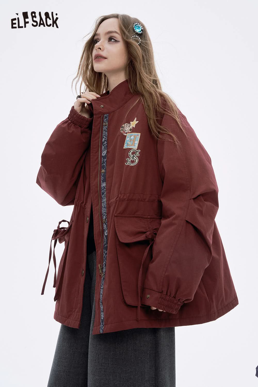 ELFSACK women's letter star embroidery jacket in burgundy with stylish pockets and a relaxed fit
