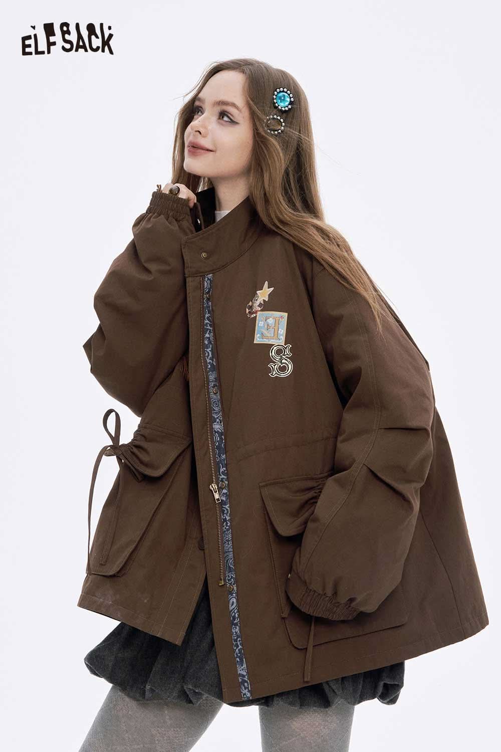ELFSACK women's letter star embroidery jacket in brown with a relaxed fit and unique patch details