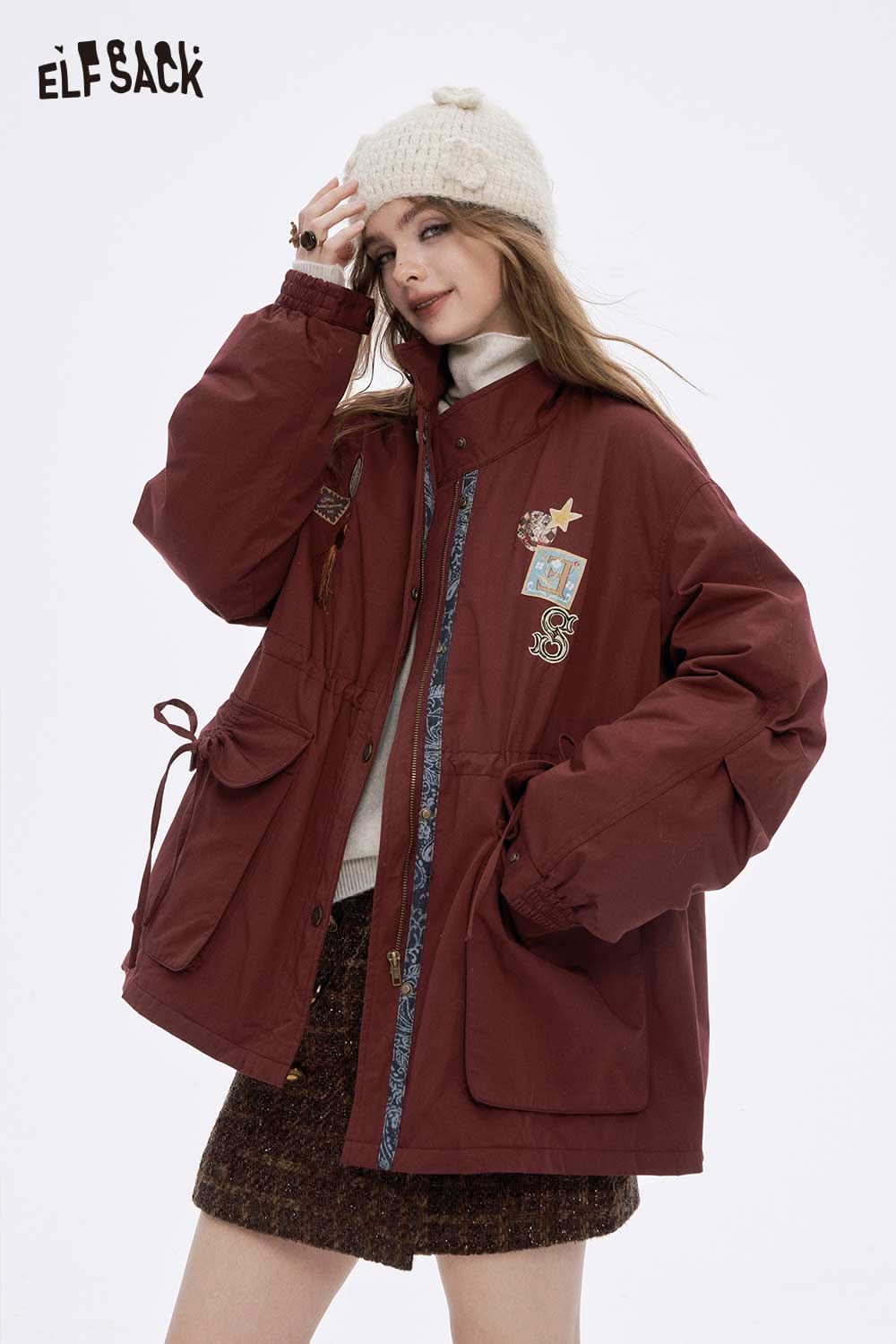 ELFSACK women's letter star embroidery jacket in burgundy with cozy pockets and stylish design