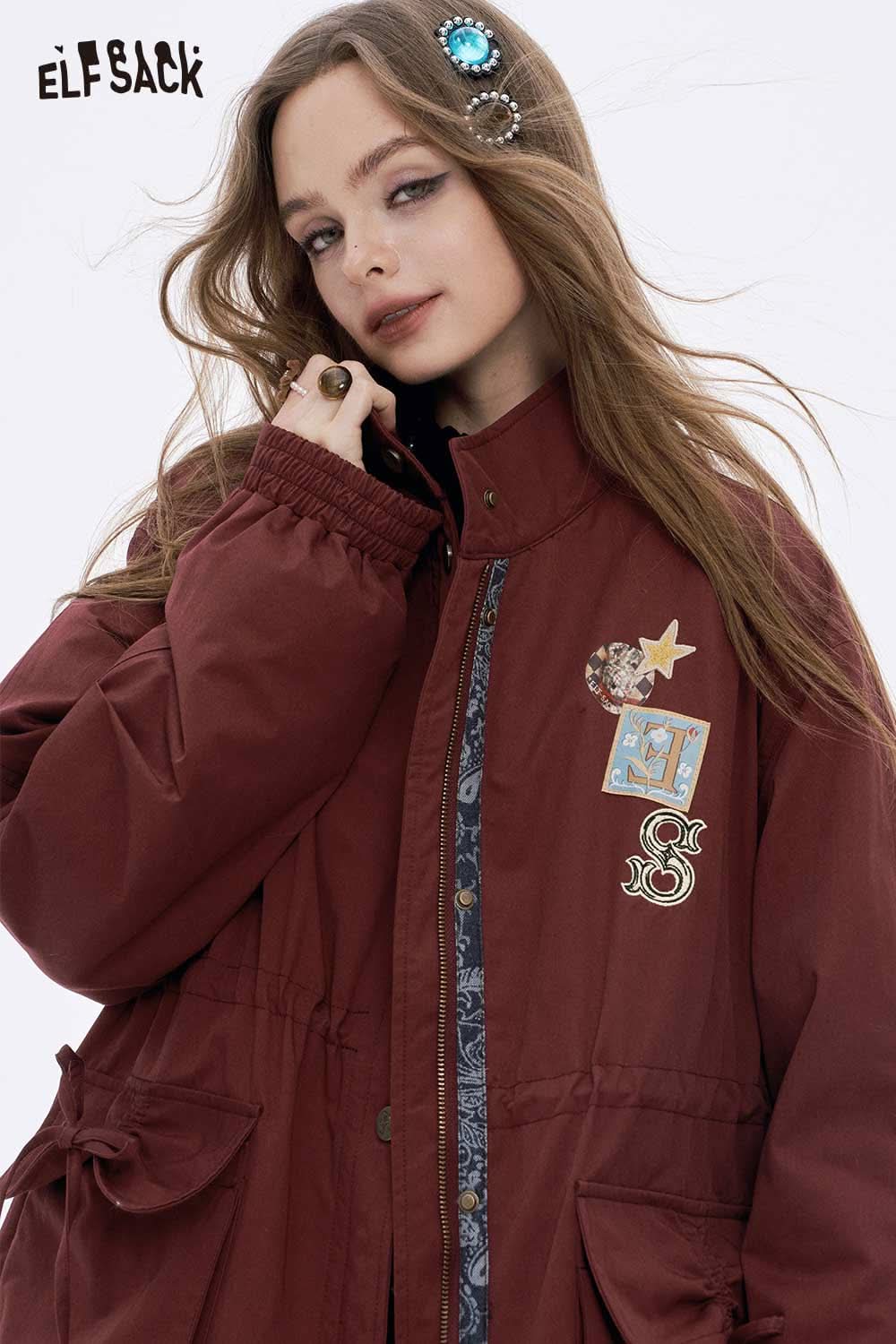 ELFSACK women's letter star embroidery jacket in burgundy with unique badges and a cozy fit