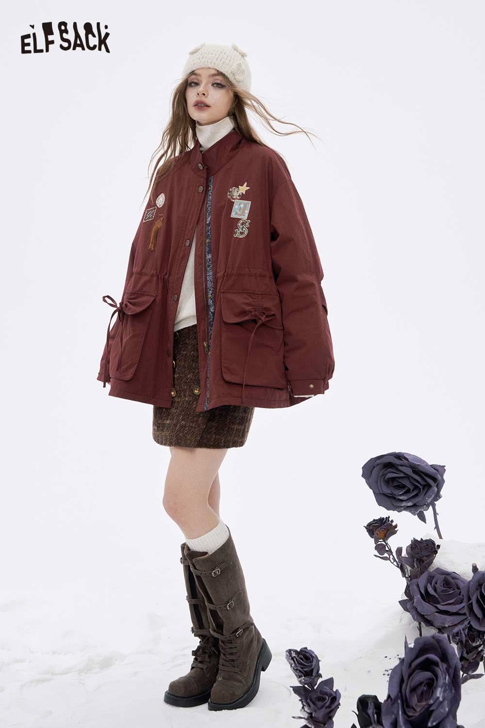 ELFSACK women's letter star embroidery jacket in burgundy with pockets and stylish design