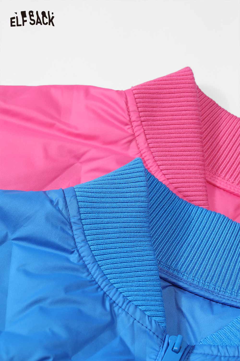 Colorful ELFSACK women's light down jacket details showing pink and blue collars