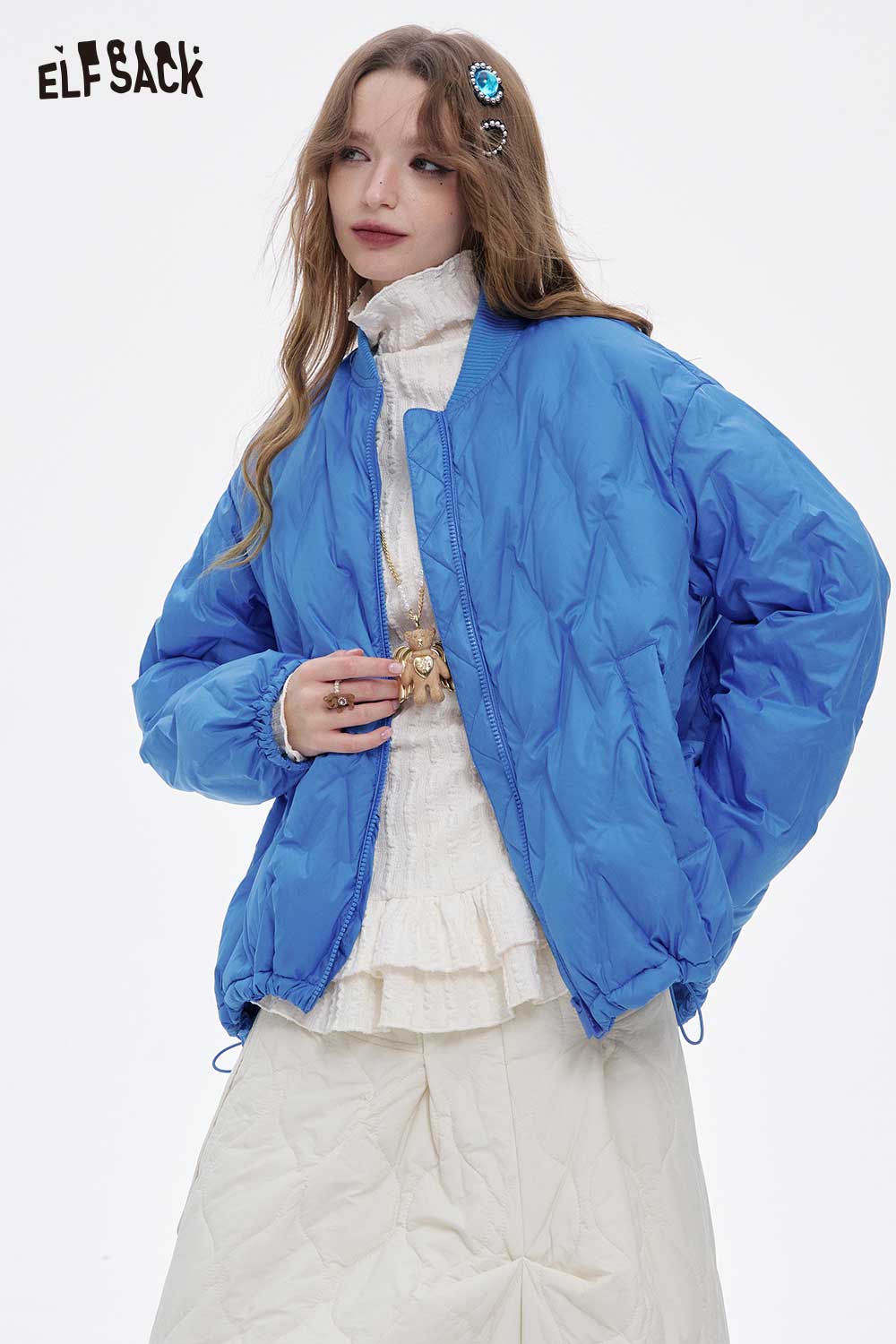 ELFSACK women's light down jacket in vibrant blue, perfect for stylish warmth and comfort.