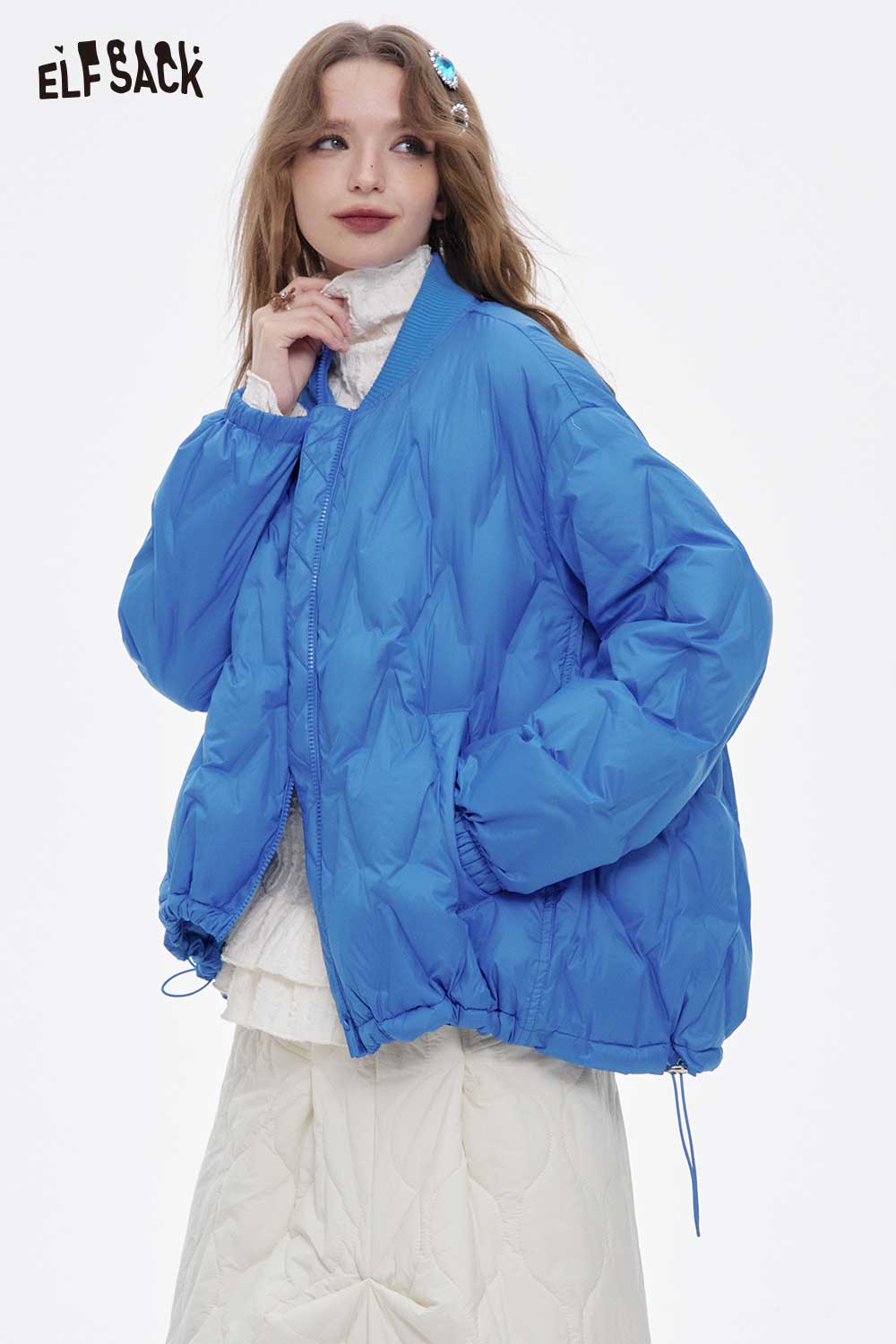 ELFSACK women's light down jacket in bright blue with a relaxed fit and elastic hem for comfort