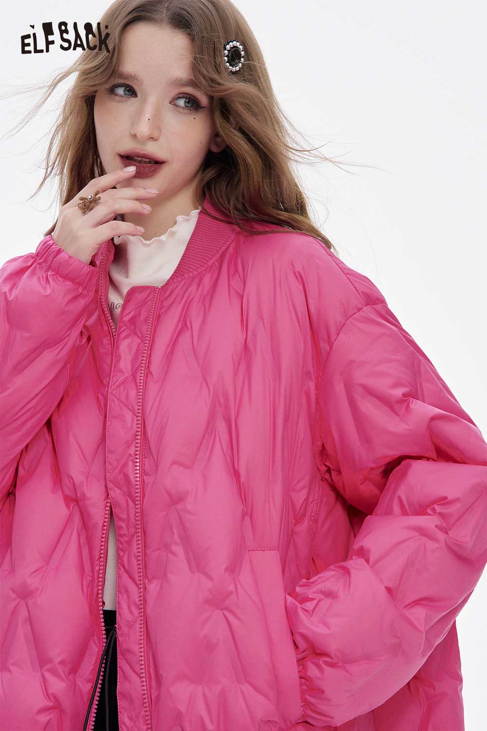 ELFSACK pink women's light down jacket with a relaxed fit for stylish warmth