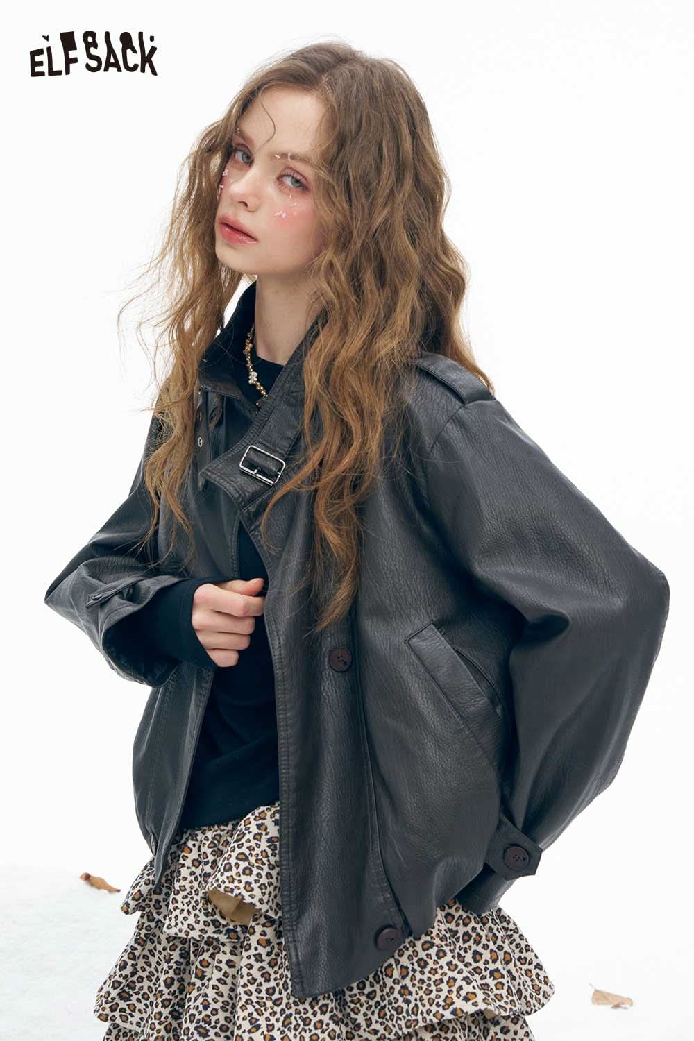 ELFSACK women's light leather jacket with a stylish design and oversized fit, perfect for casual outfits
