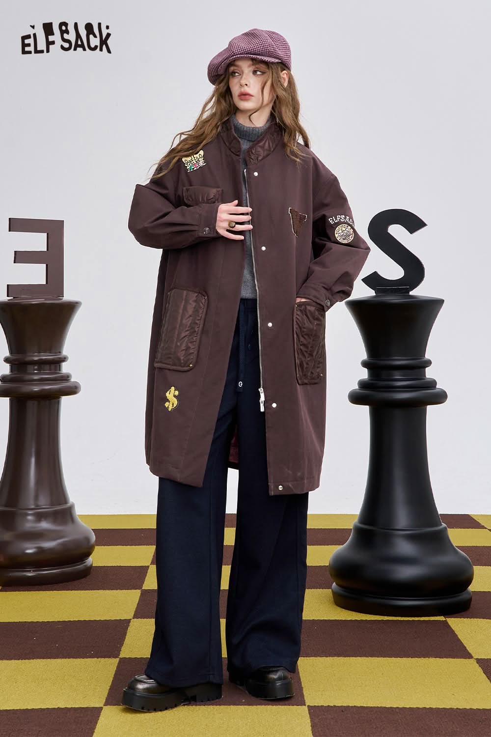 ELFSACK women's long cotton coat in brown with embroidered details, perfect for stylish layering