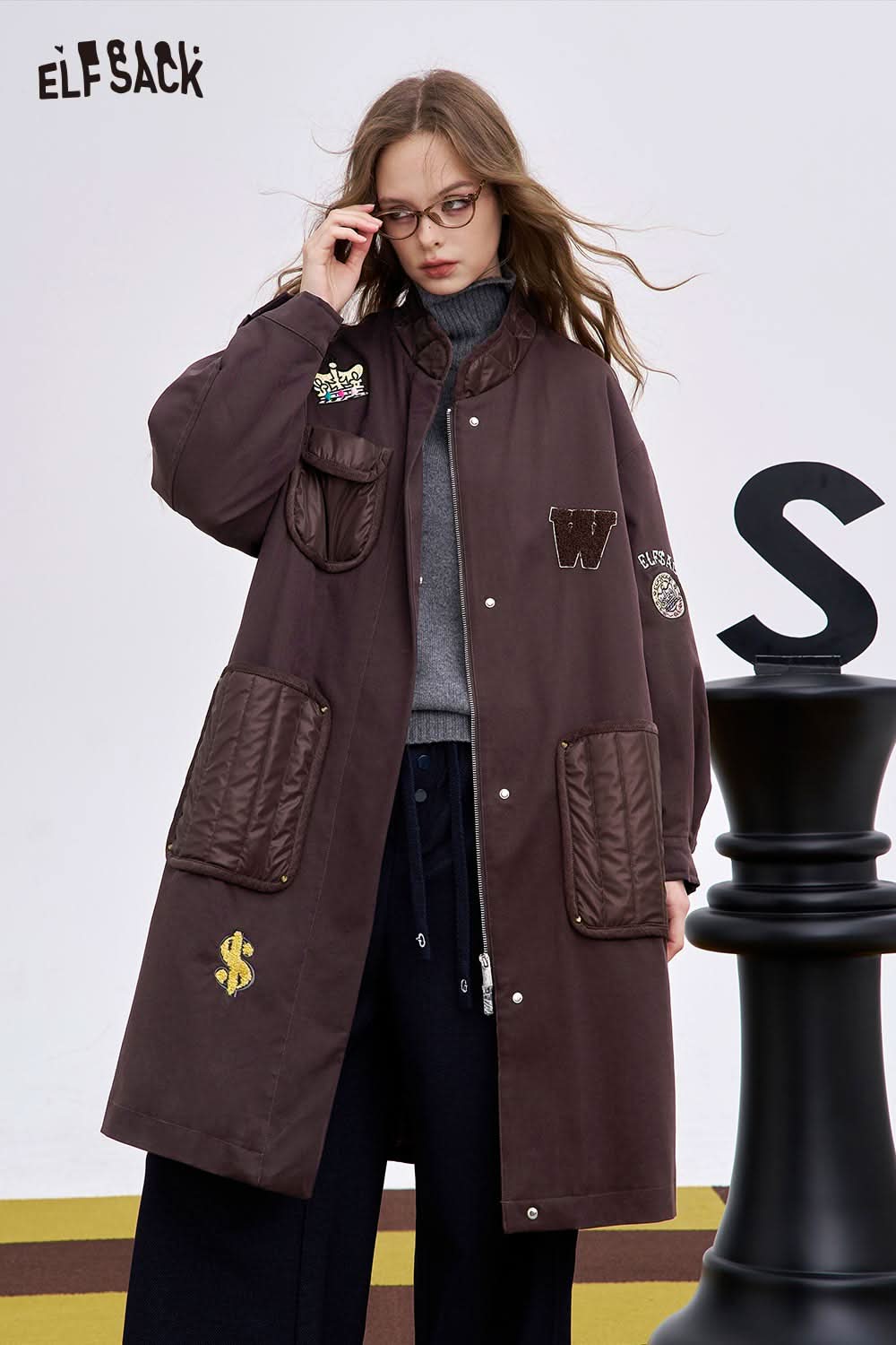 ELFSACK women's long cotton coat in brown with patch pockets and a relaxed fit for casual styling