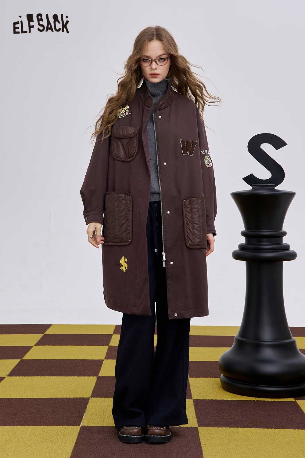 ELFSACK women's long cotton coat in brown with pockets and decorative patches for stylish warmth