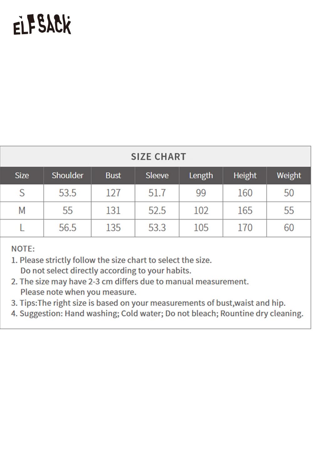Size chart for ELFSACK women's long cotton coat with measurements for small, medium, and large sizes