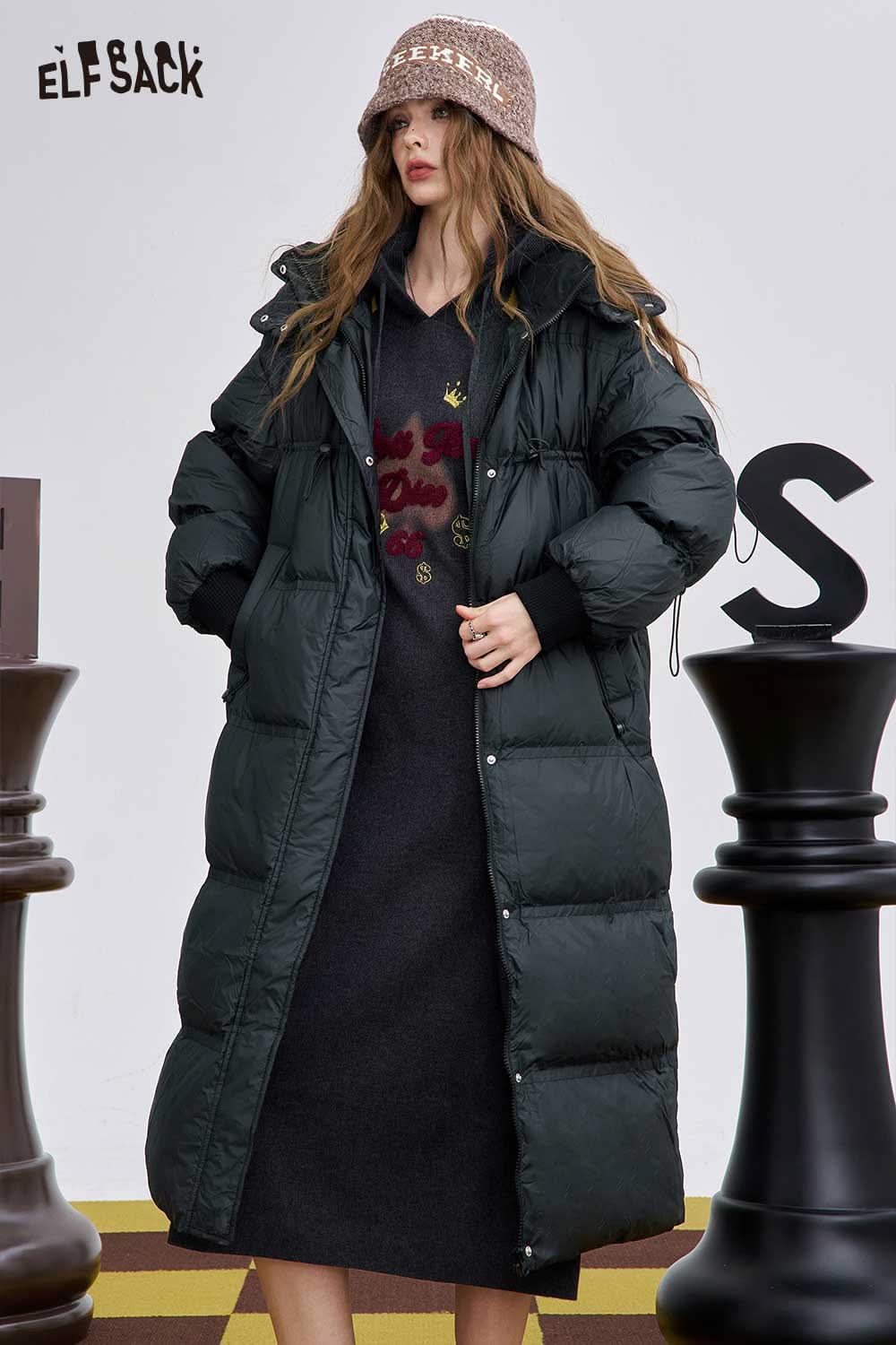 ELFSACK women's long down coat with hood in dark green, stylish and warm for cold weather
