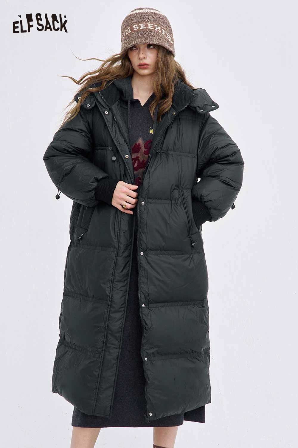 ELFSACK women's long down coat with hood in black for warm winter style and comfort