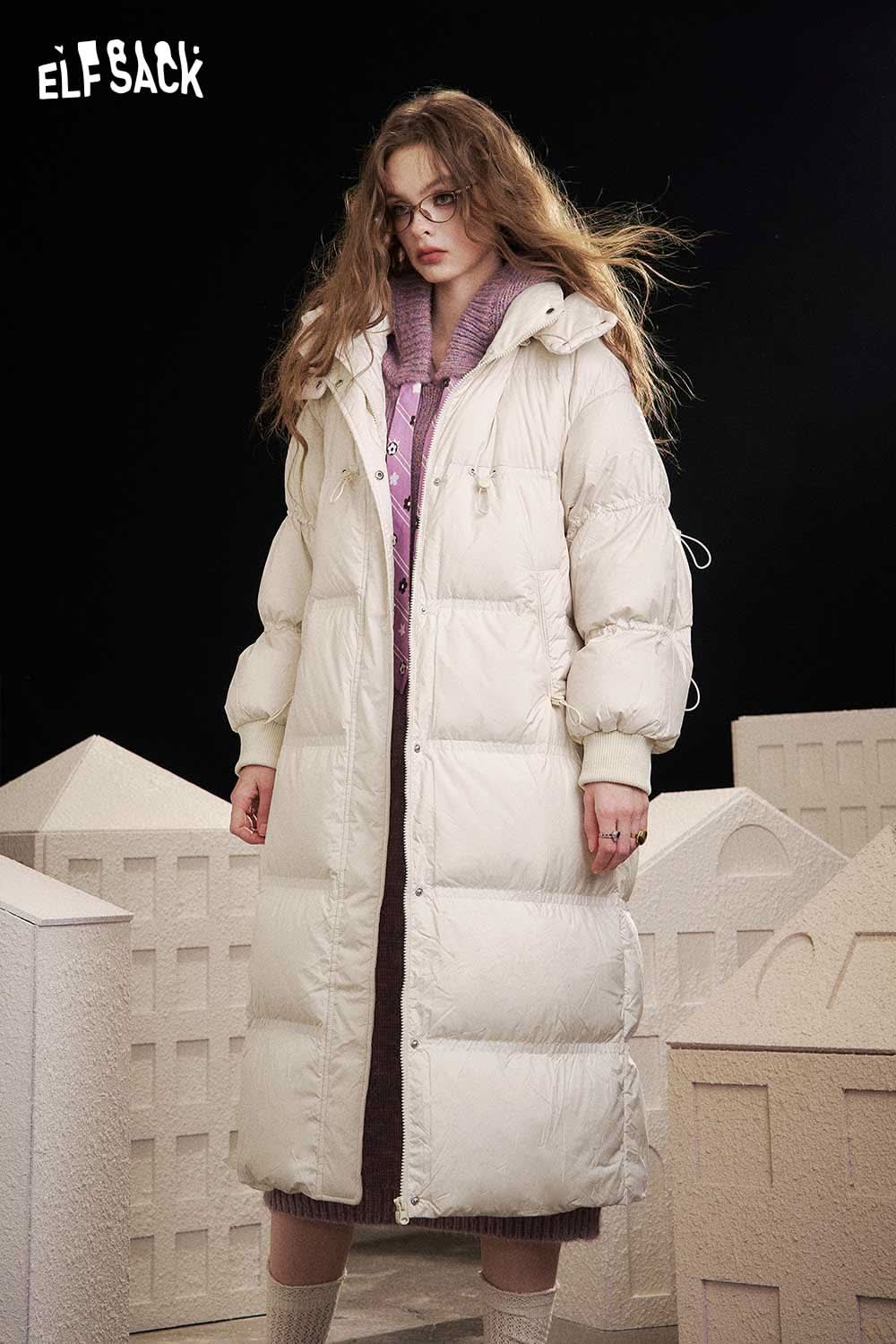 ELFSACK women's long down coat with hood in cream color, featuring a stylish puffy design for warmth