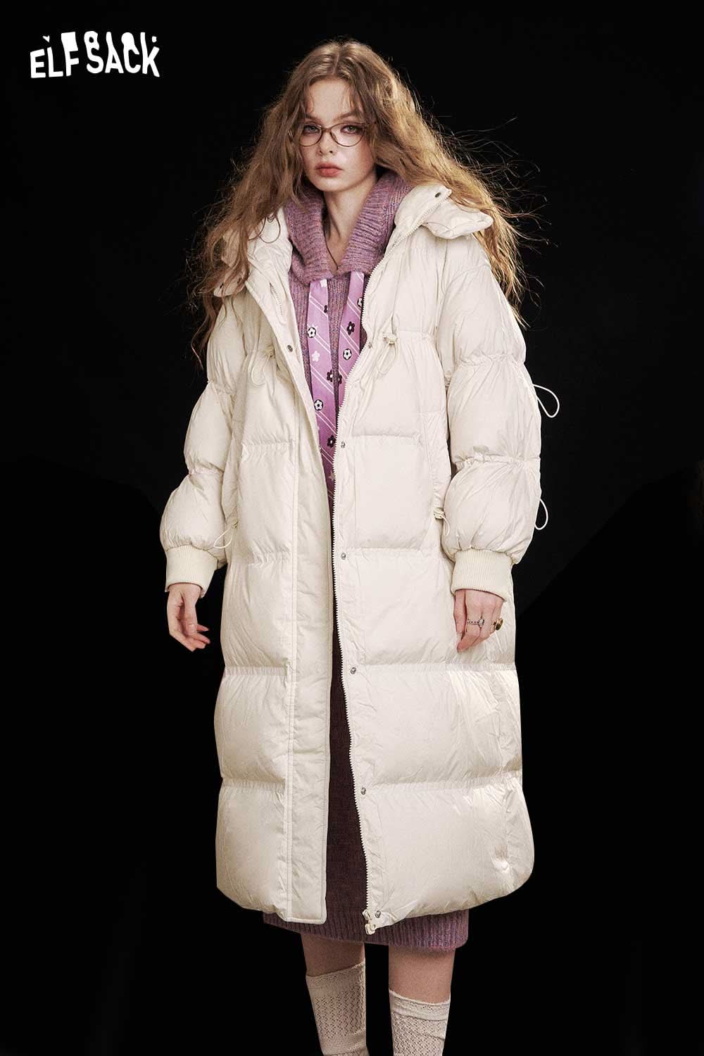ELFSACK women's long down coat with hood in cream color, perfect for winter style and warmth.