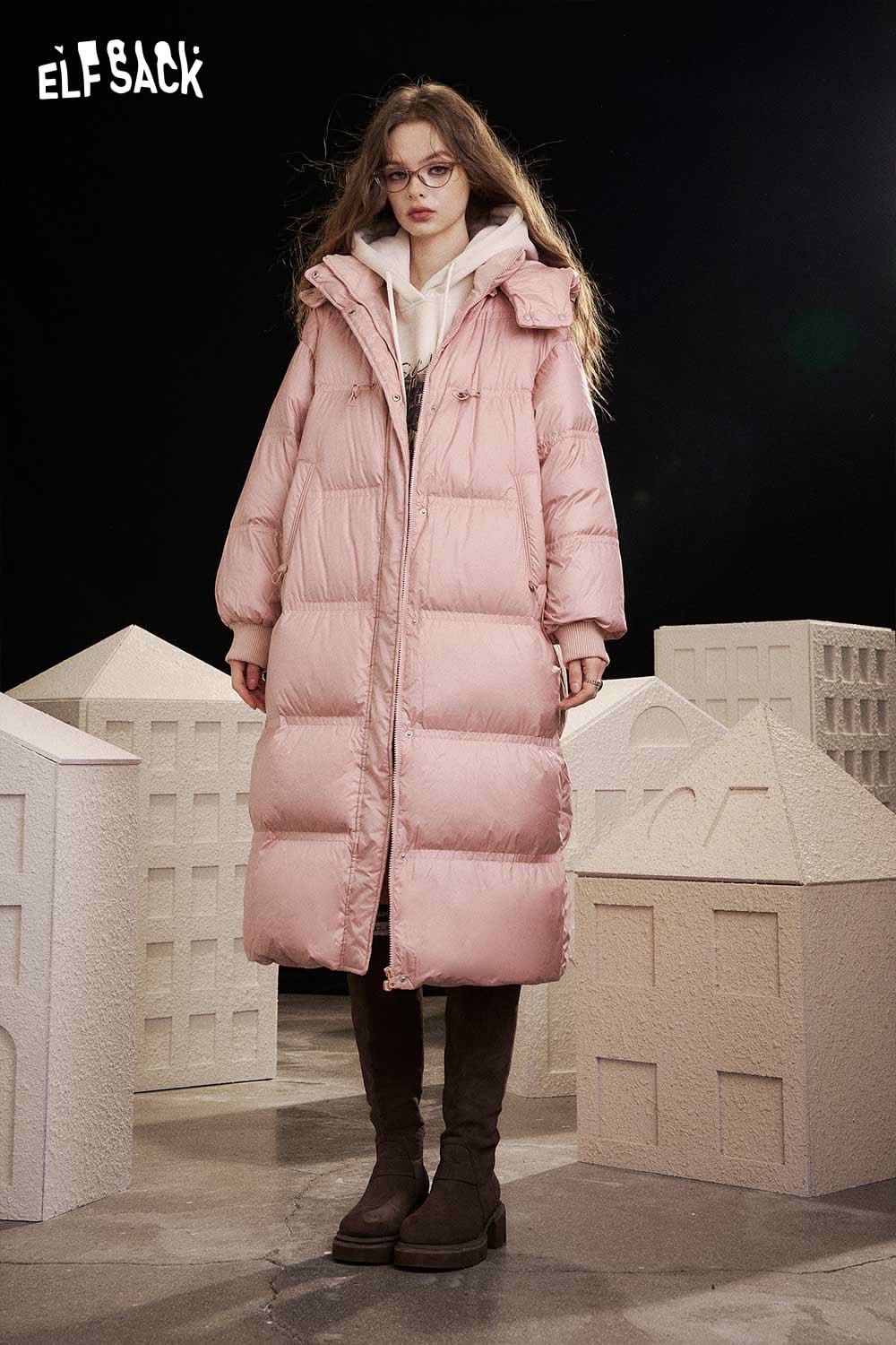 ELFSACK women's long down coat with hood in soft pink, perfect for winter warmth and style.