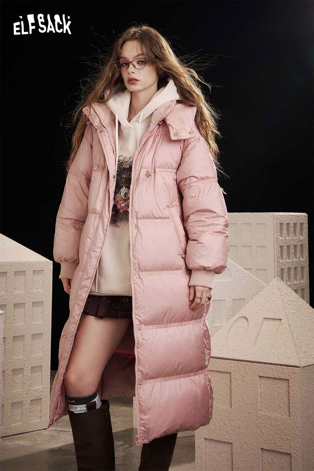 ELFSACK women's long down coat with hood in pink, perfect for stylish winter layering