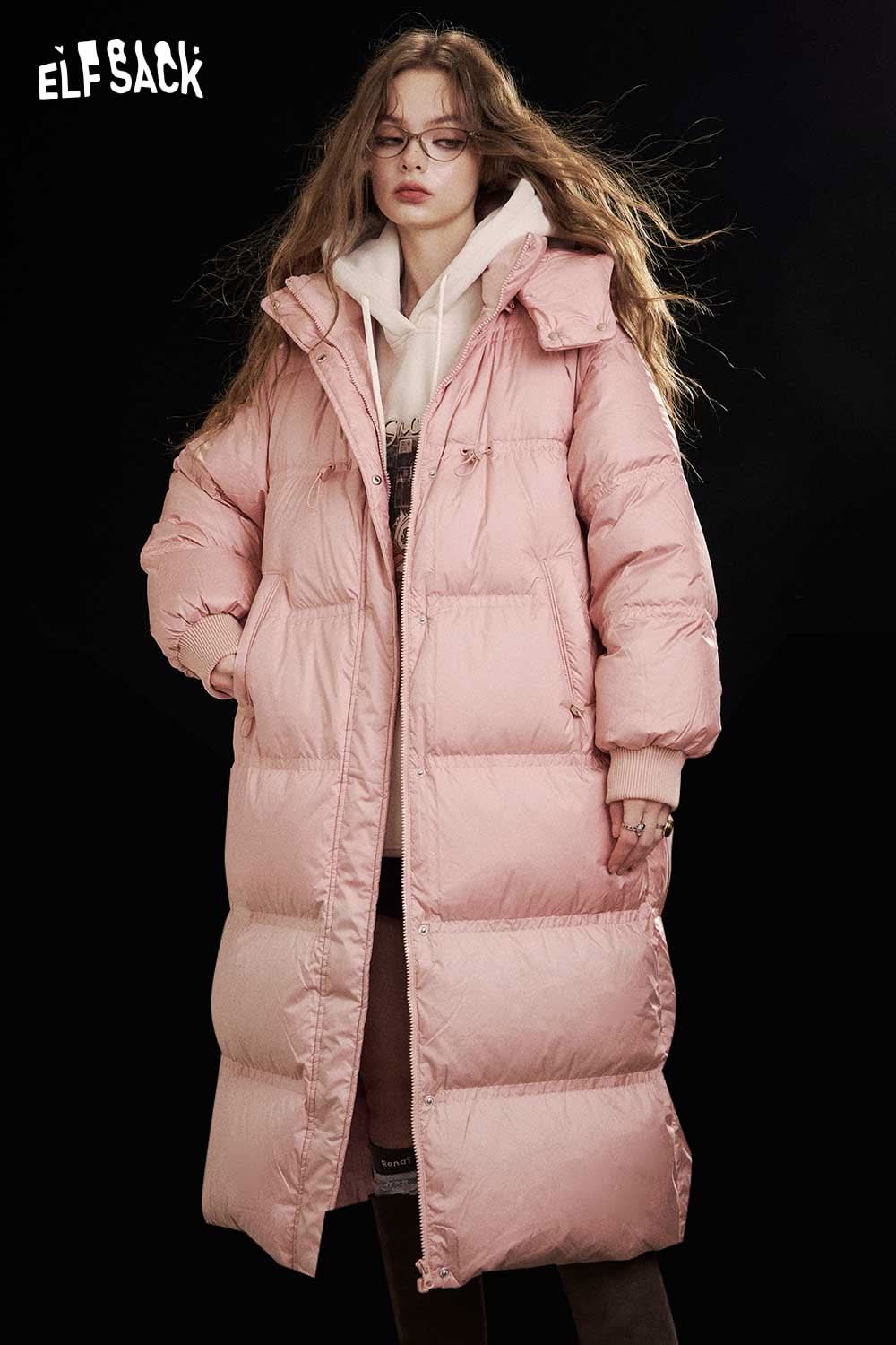 ELFSACK women's long down coat with hood in soft pink, perfect for winter warmth and style
