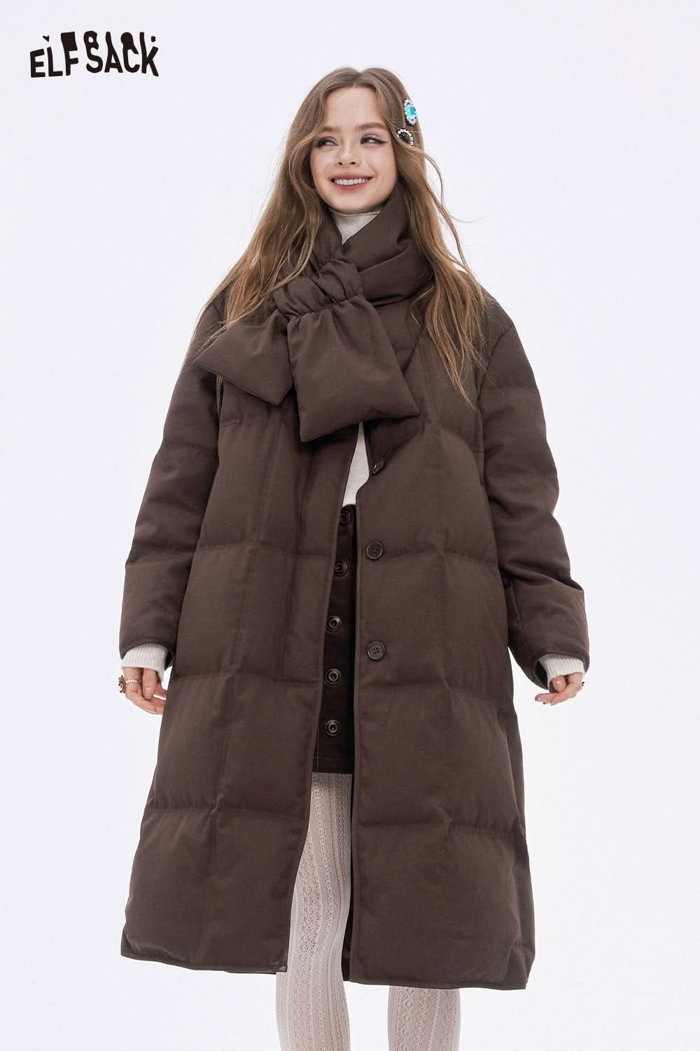 ELFSACK women's long down jacket with scarf in brown for stylish winter warmth