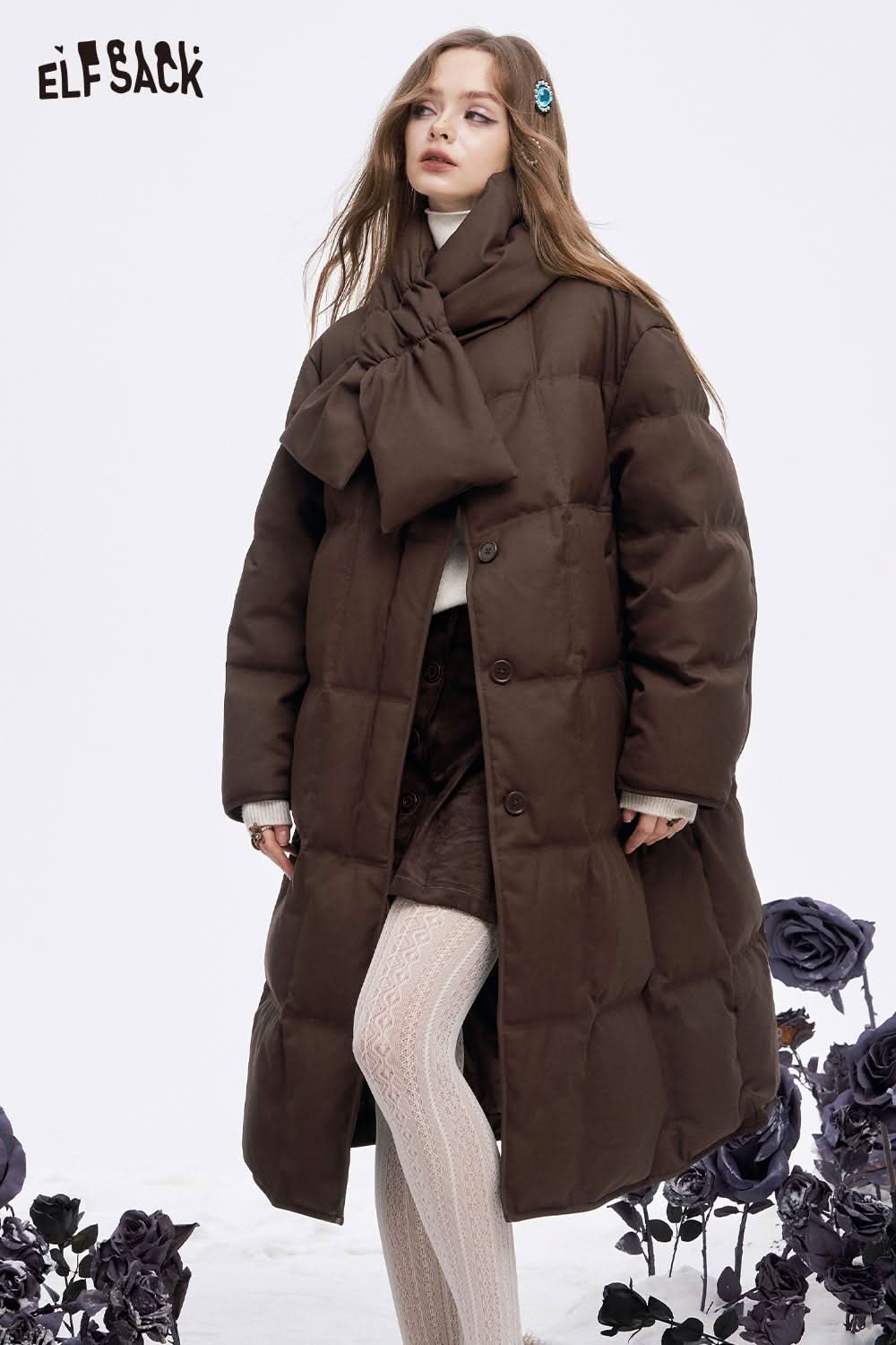 ELFSACK women's long down jacket with scarf in brown, featuring a stylish oversized fit and a cozy design