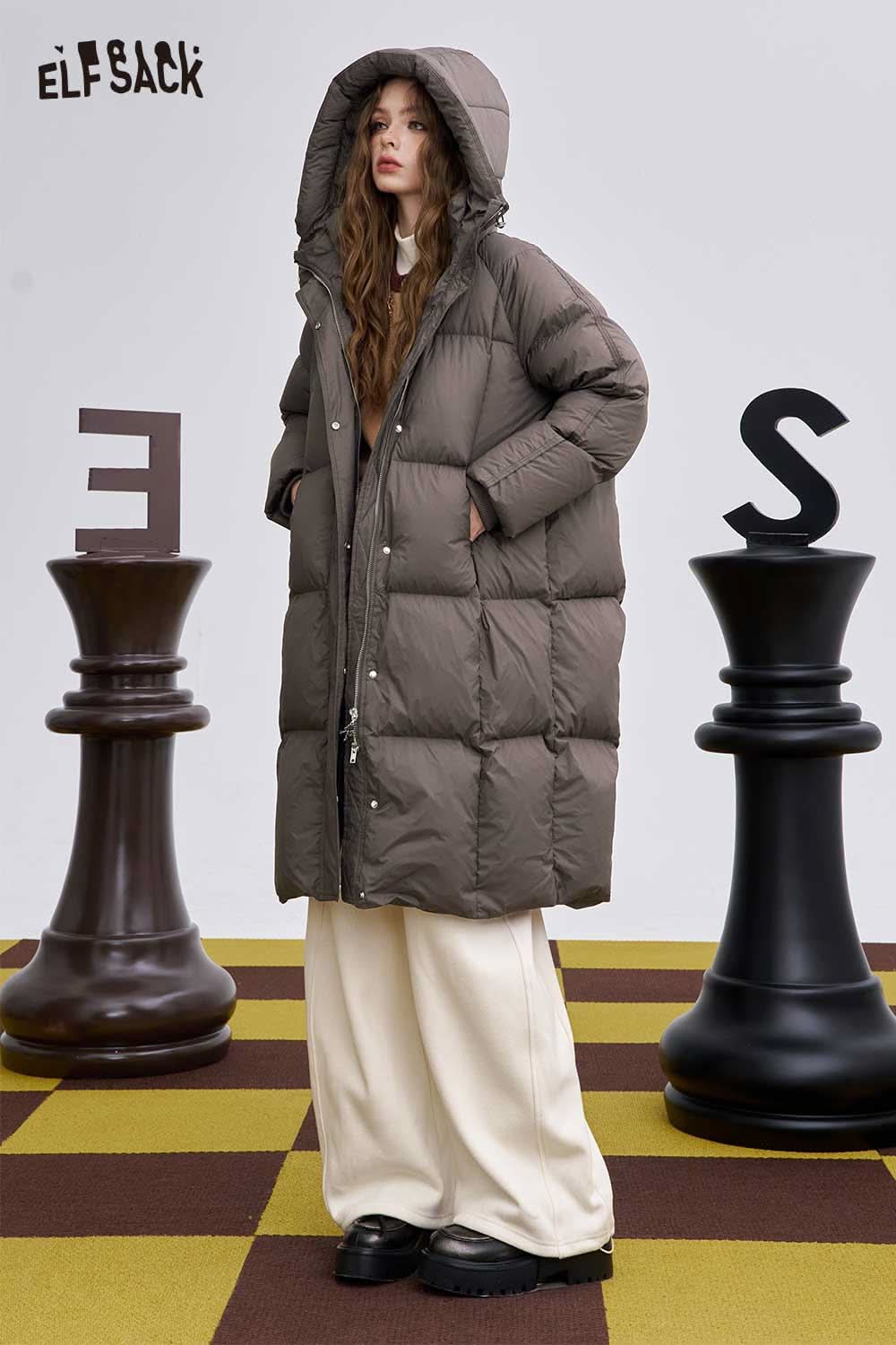 ELFSACK women's long hooded down jacket in olive green for stylish winter warmth