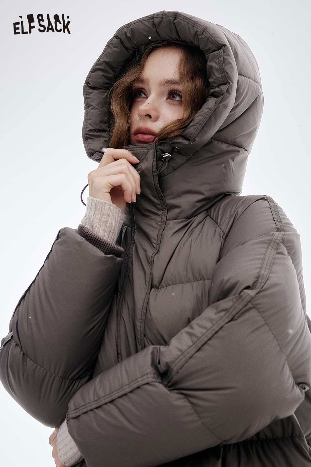 ELFSACK women's long hooded down jacket featuring a cozy design and soft fabric for warmth