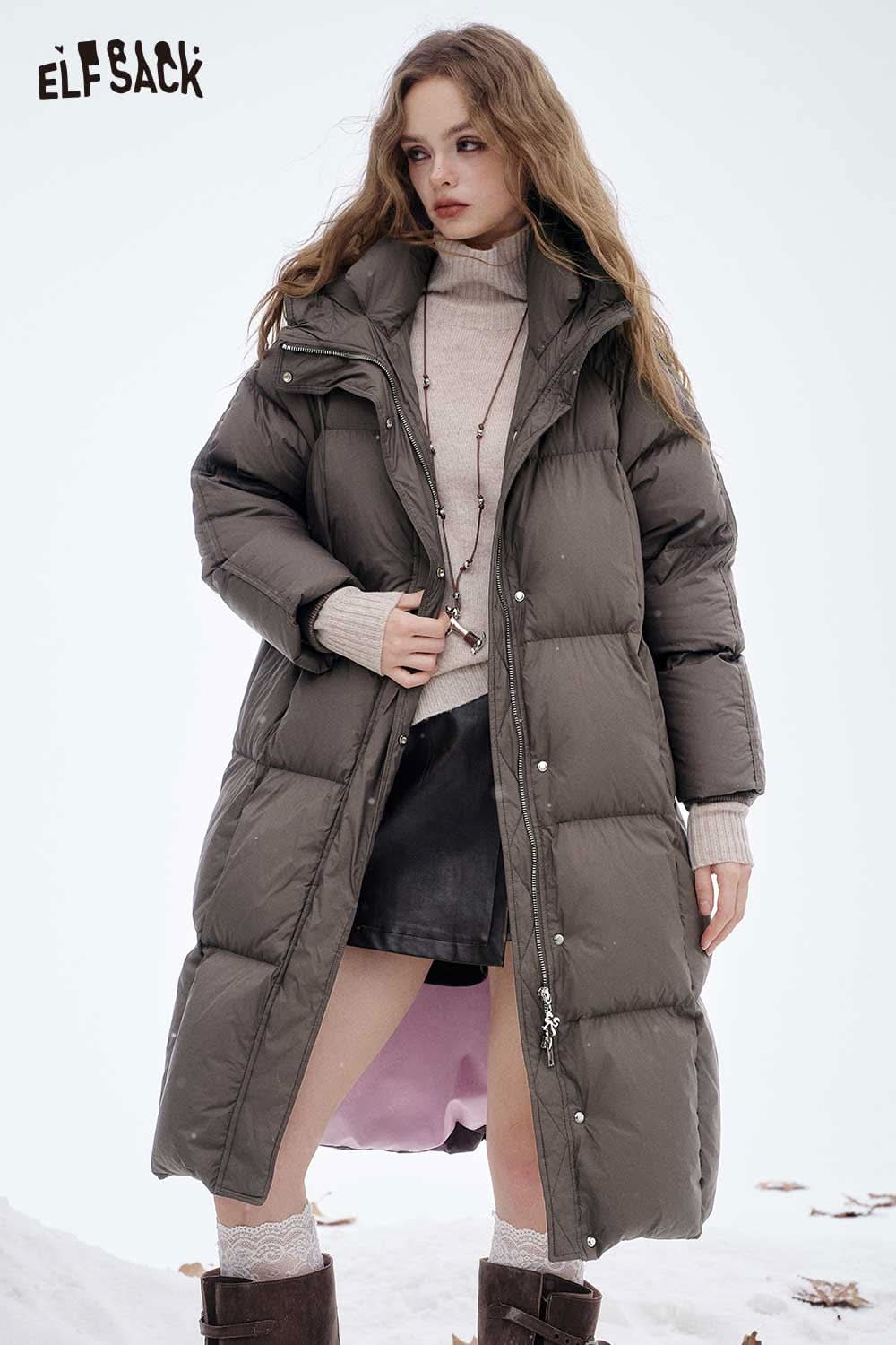 ELFSACK women's long hooded down jacket in olive green with a stylish puffy design and front buttons