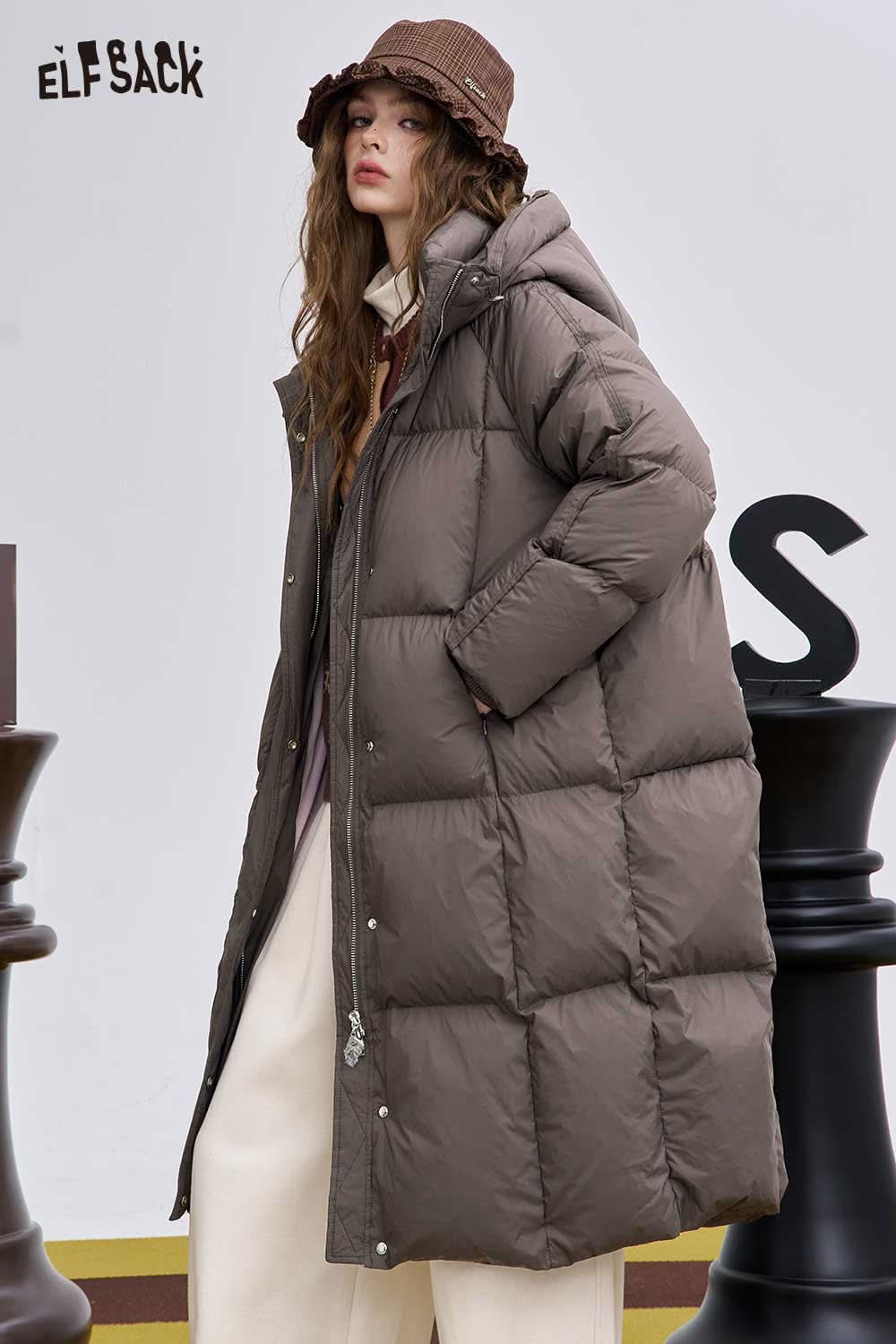 ELFSACK women's long hooded down jacket in brown with a warm, oversized fit for winter style