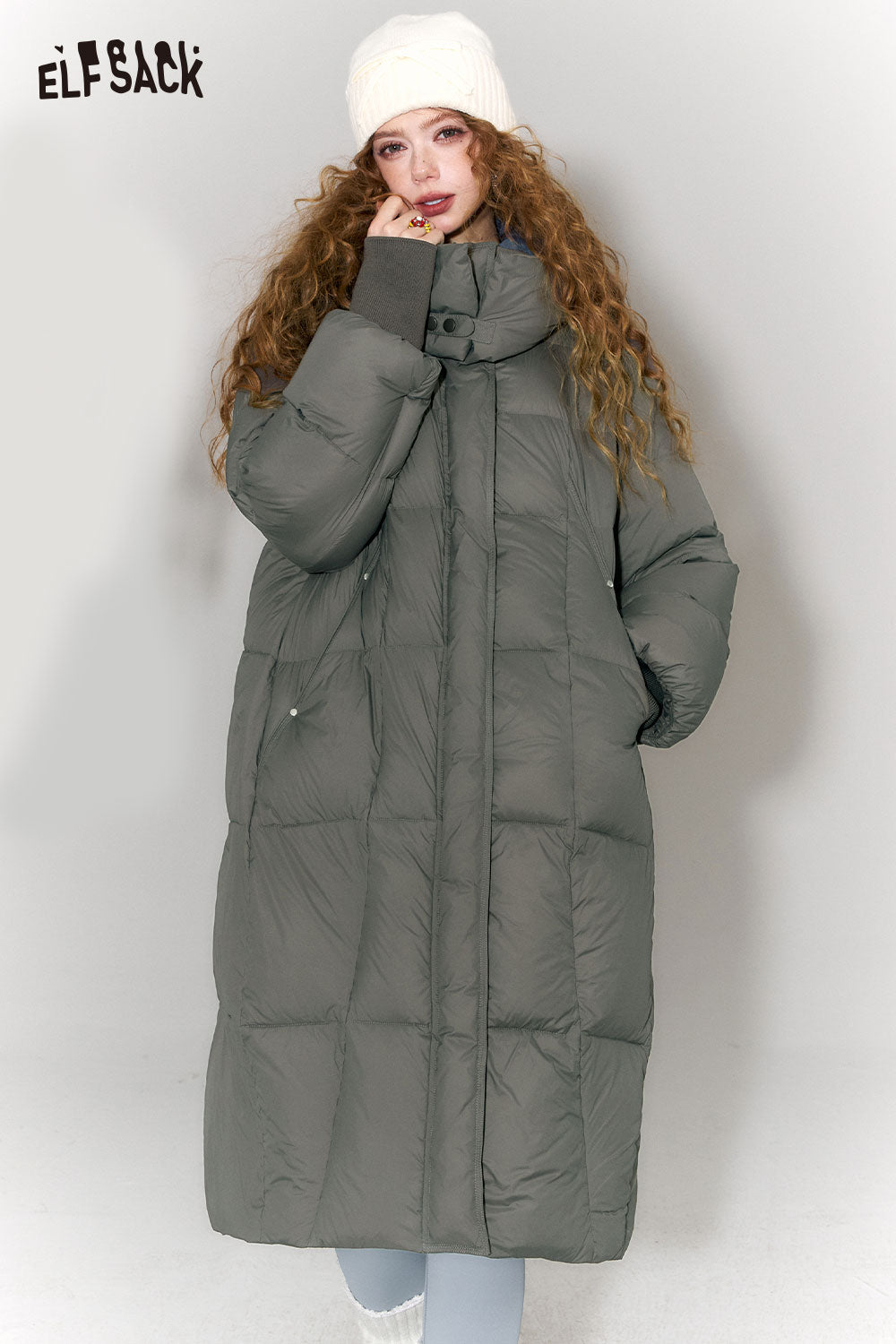 ELFSACK women's long puffer coat with hood in dark green for warmth and style in cold weather