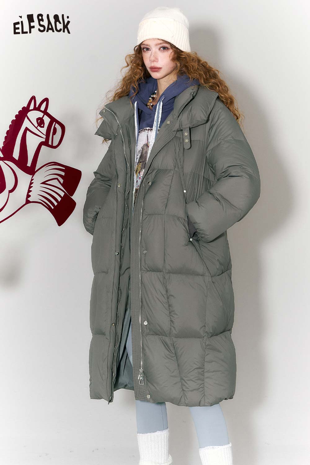 ELFSACK women's long puffer coat with hood in green, perfect for warmth and style in cold weather