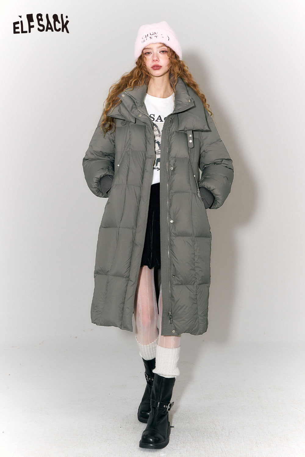 ELFSACK women's long puffer coat with hood in gray, featuring a stylish oversized design and warmth for winter