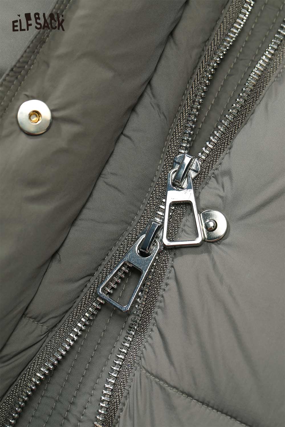 Close-up of ELFSACK women's long puffer coat with hood showing zipper detail and quilted fabric