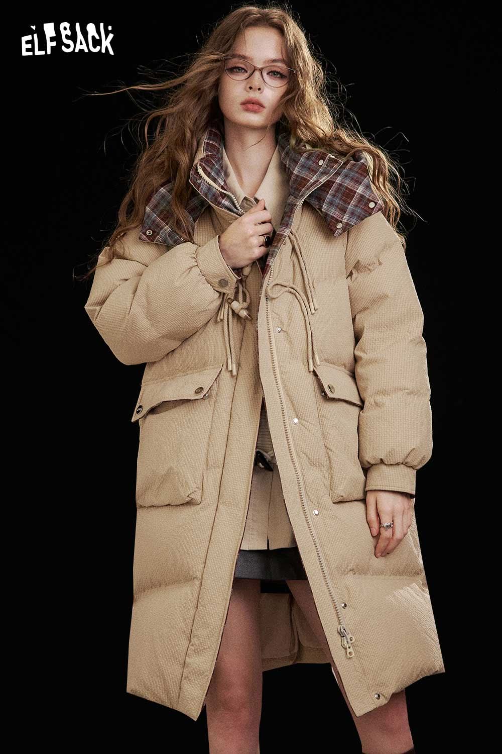 ELFSACK women's long toggle button jacket in beige with plaid details and spacious pockets