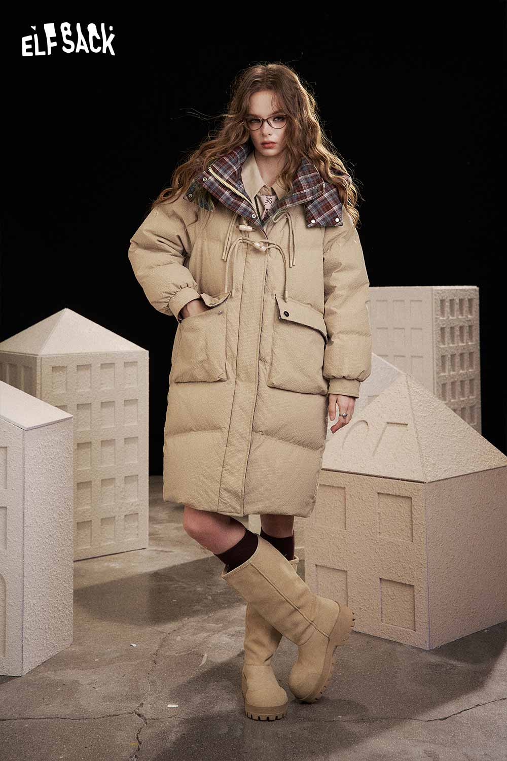 ELFSACK women's long toggle button jacket in beige with plaid hood and oversized pockets