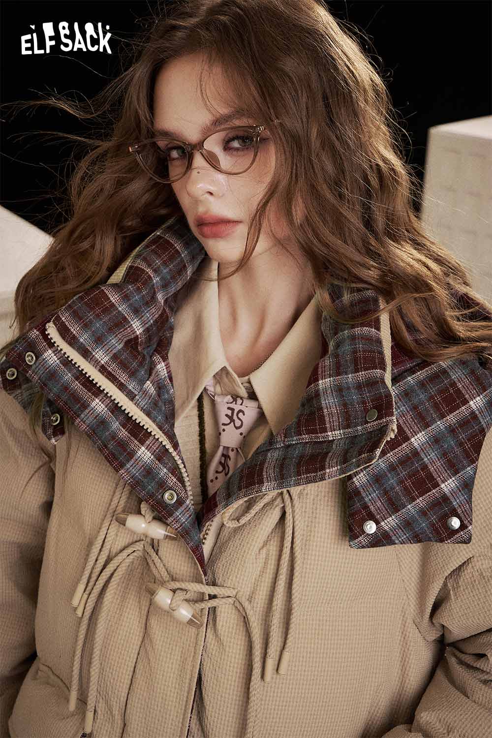 ELFSACK women's long toggle button jacket in beige with plaid collar for stylish winter warmth