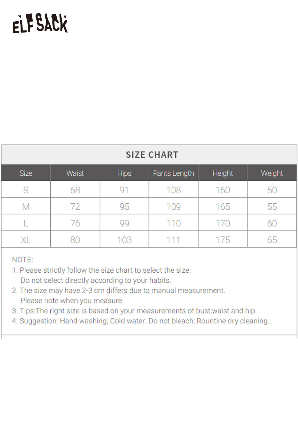 Size chart for ELFSACK women's loose fit floor length jeans with measurement details