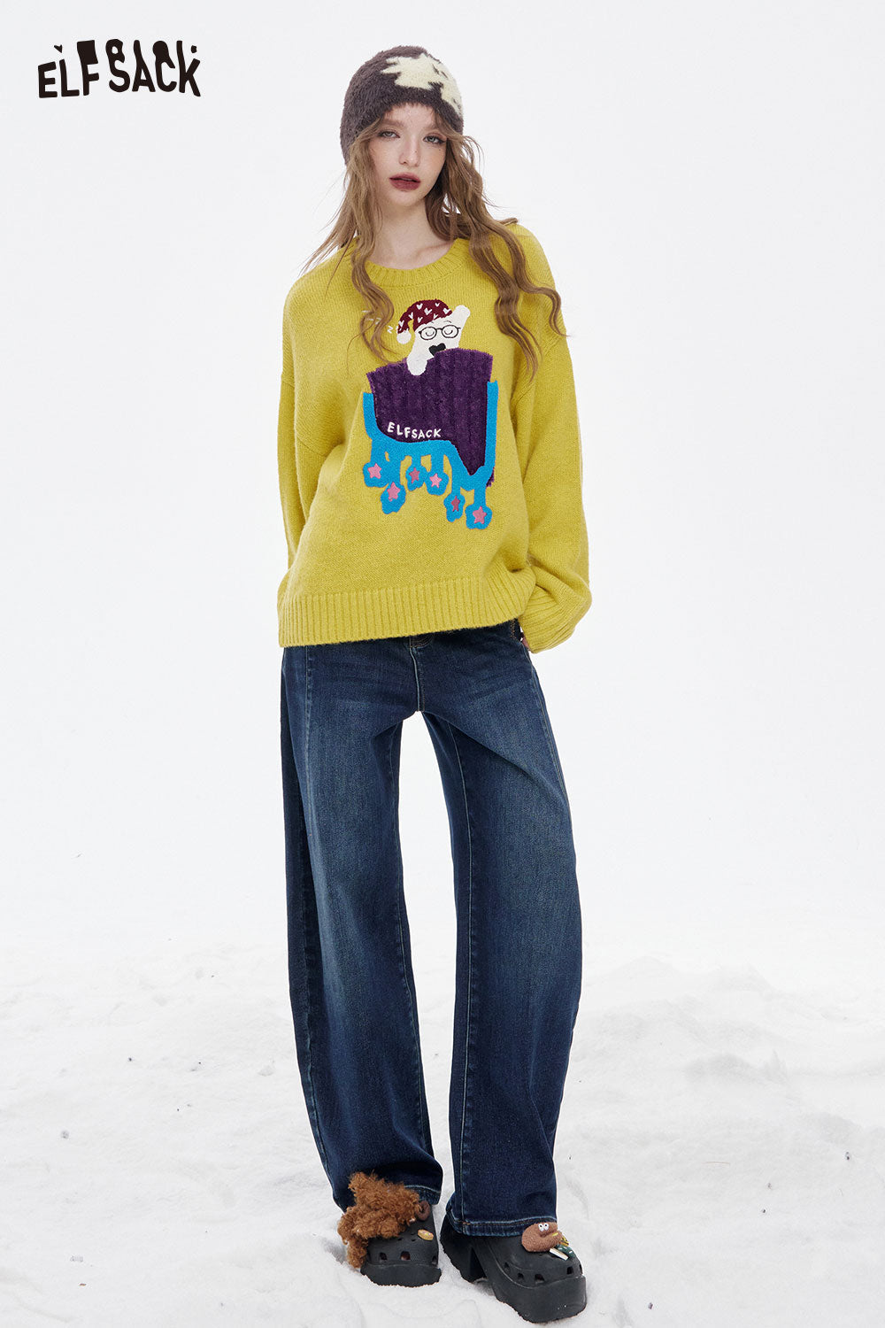 ELFSACK women's loose fit floor length jeans paired with a colorful sweater for a trendy outfit