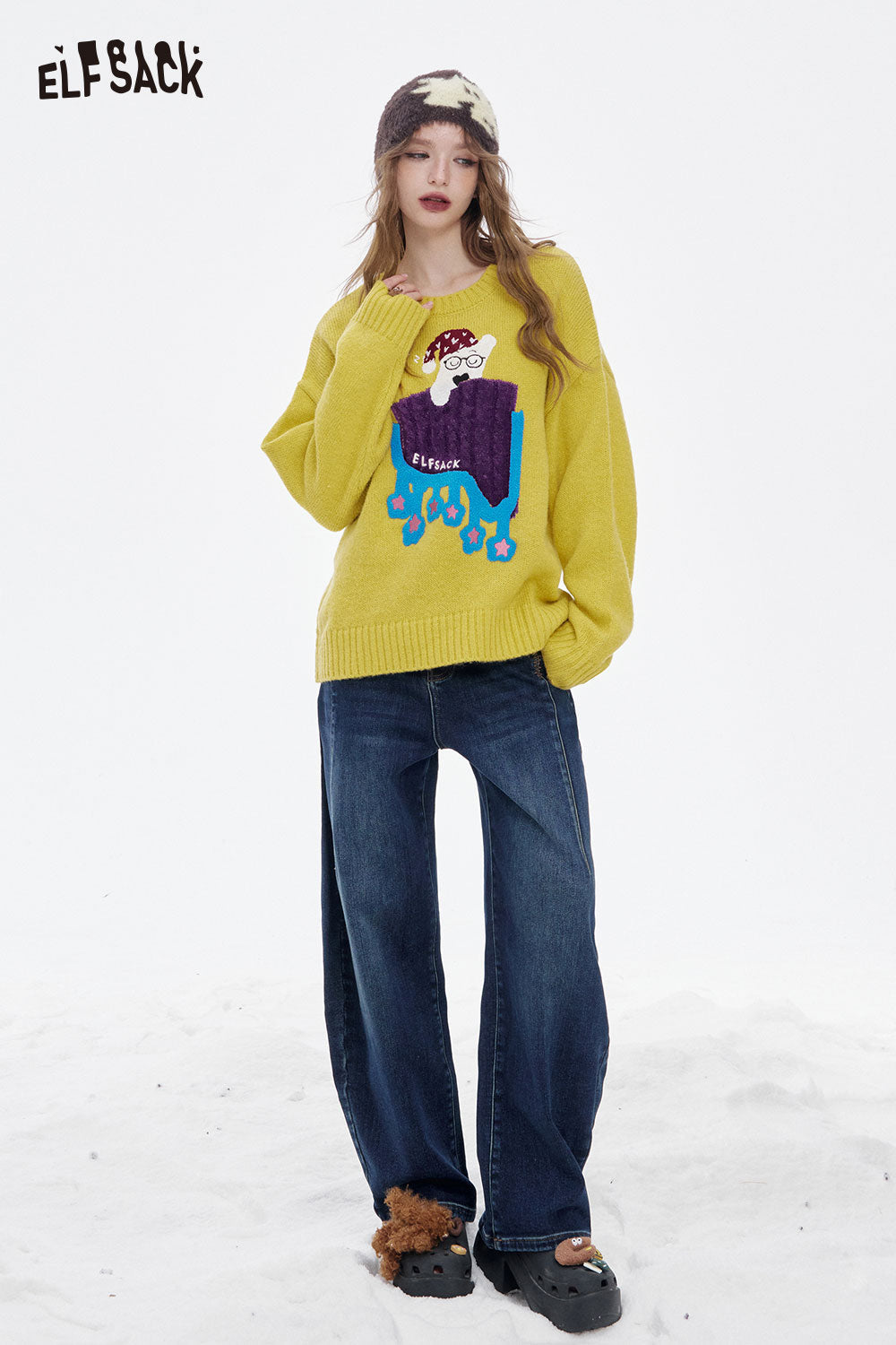 ELFSACK women's loose fit floor length jeans paired with a vibrant yellow sweater for a stylish look