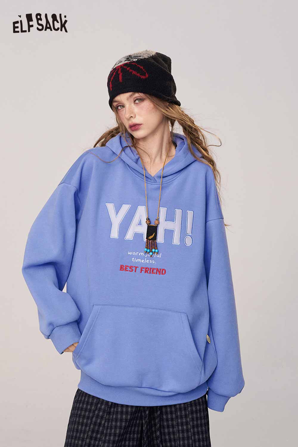 ELFSACK women's loose fit hooded sweatshirt in blue with fun graphic and relaxed style