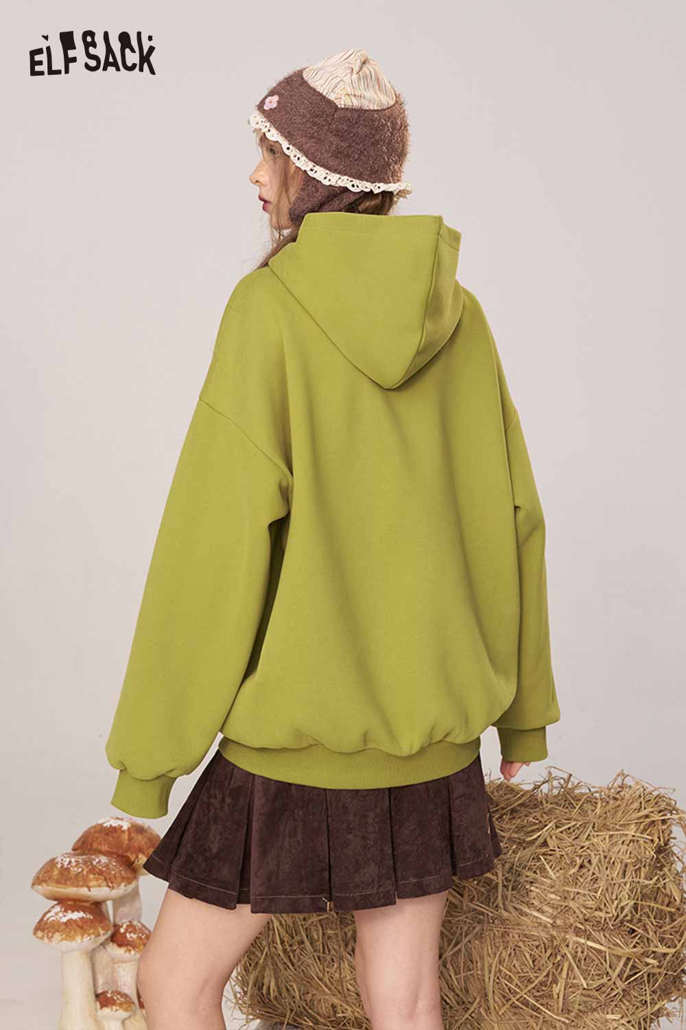 Women's loose fit hooded sweatshirt by ELFSACK in olive green with a relaxed silhouette and cozy design
