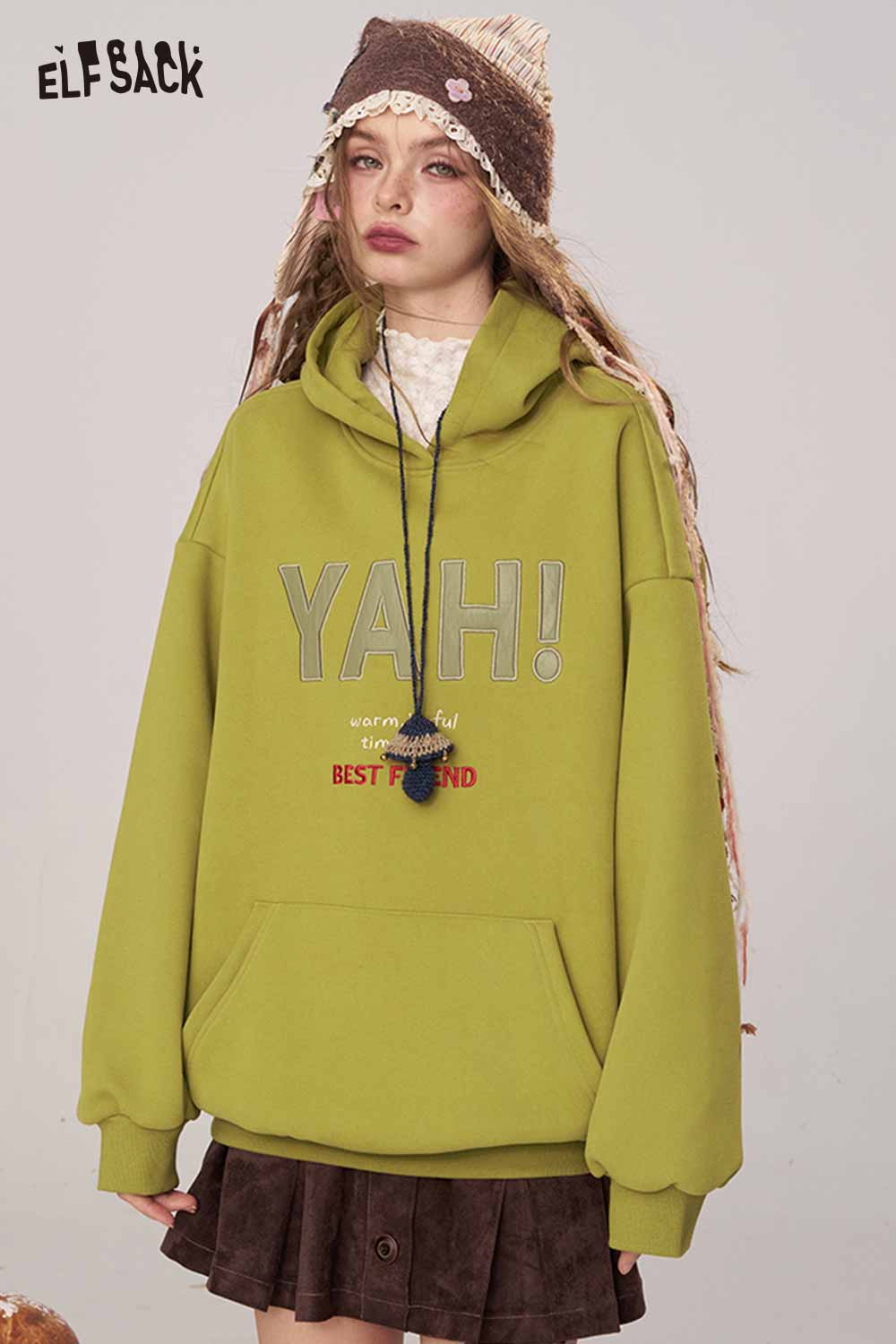 ELFSACK women's loose fit hooded sweatshirt in green with YAH! graphic design for a casual style